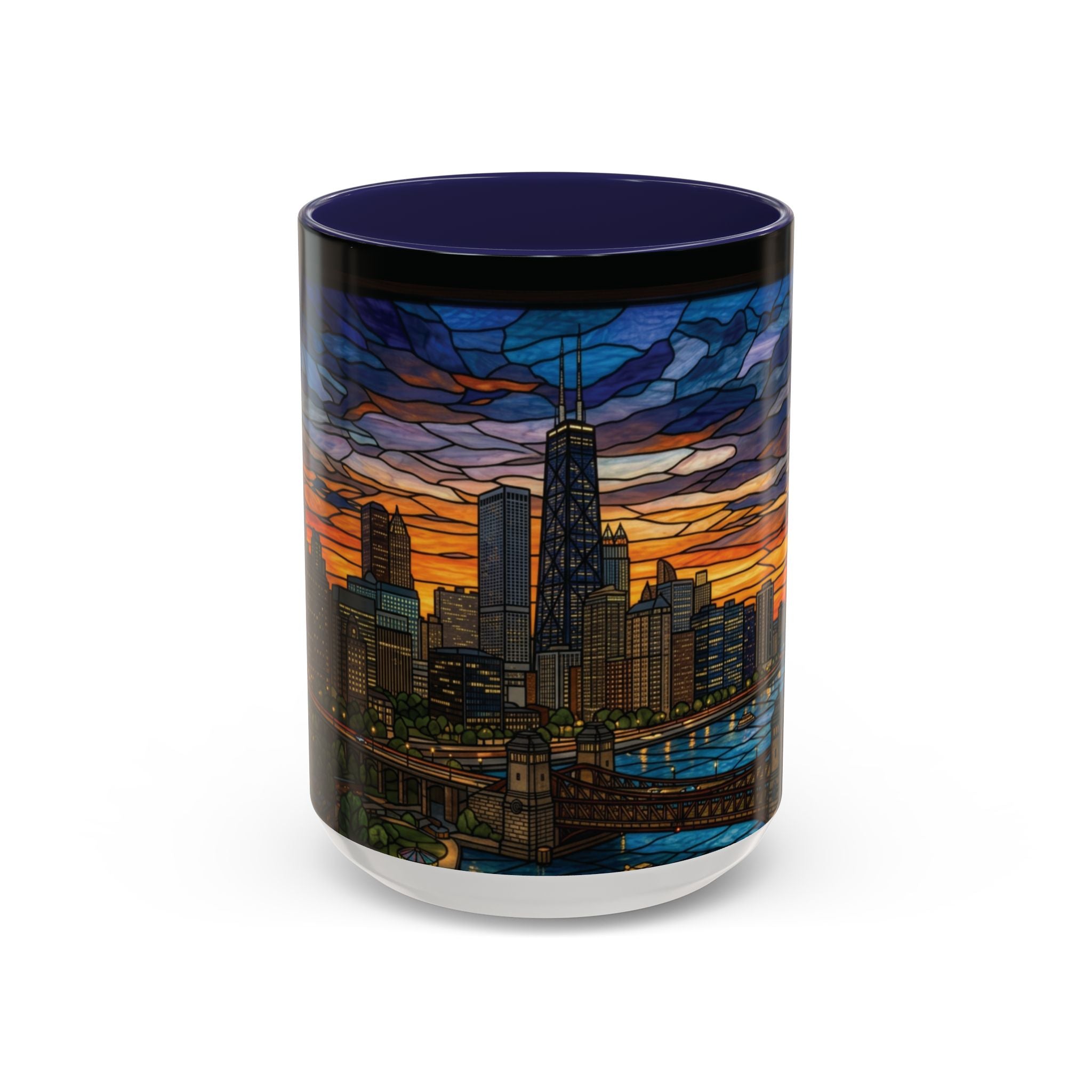 Chicago Skyline Accent Coffee Mug — Stained Glass Sunset Cityscape (11/15oz)