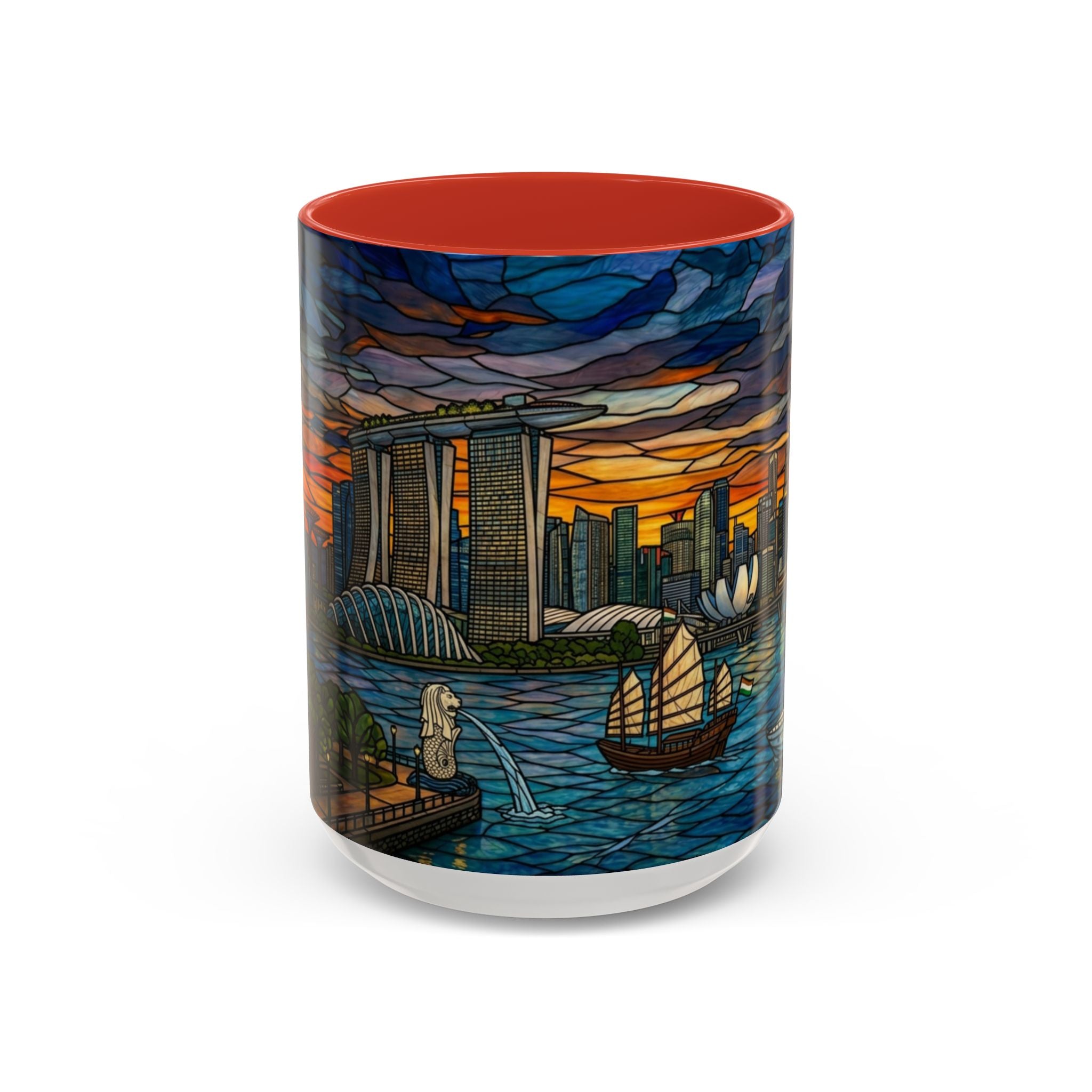 Singapore Skyline Accent Coffee Mug — Stained Glass Marina Bay Sunset Design (11/15oz)