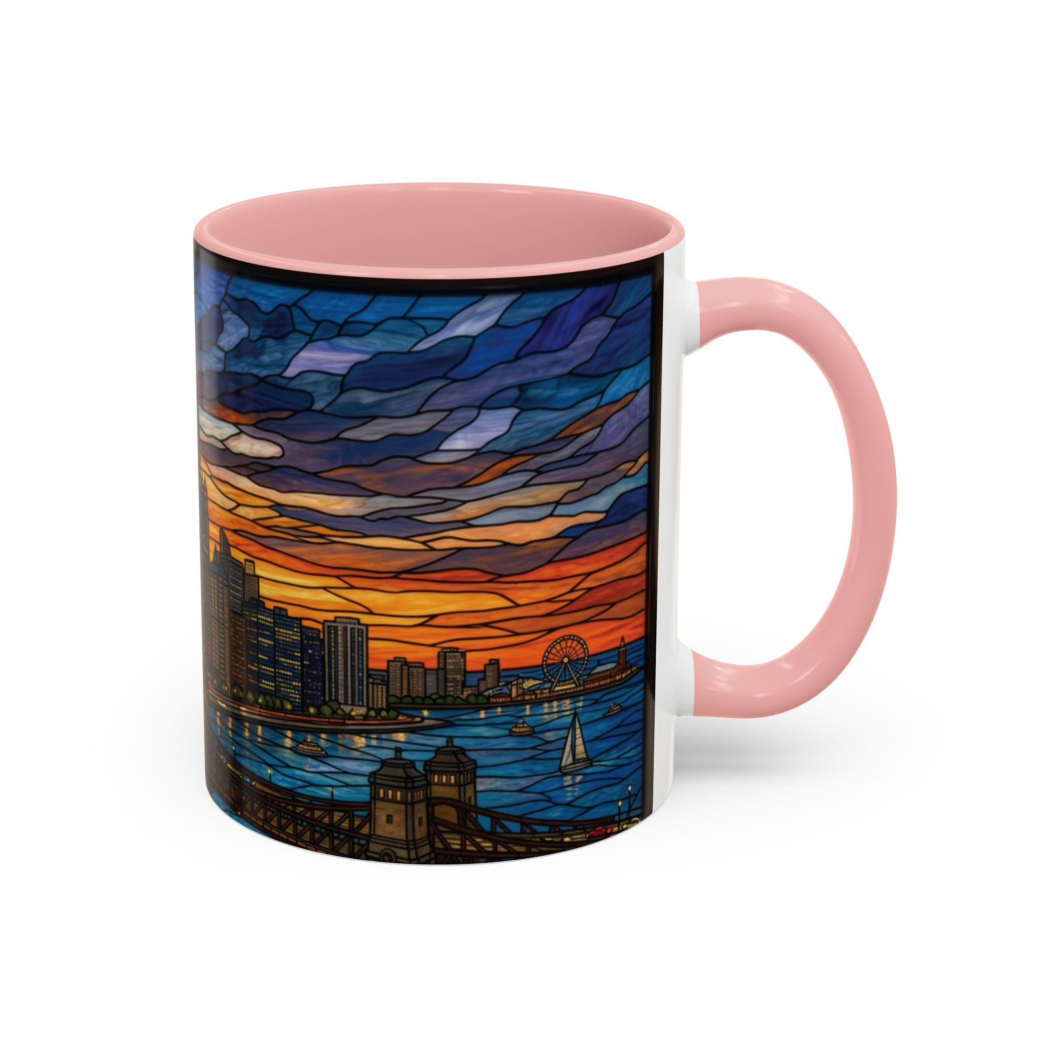Chicago Skyline Accent Coffee Mug — Stained Glass Sunset Cityscape (11/15oz)