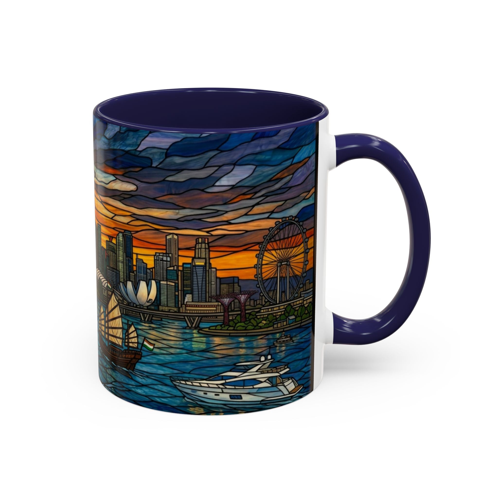 Singapore Skyline Accent Coffee Mug — Stained Glass Marina Bay Sunset Design (11/15oz)