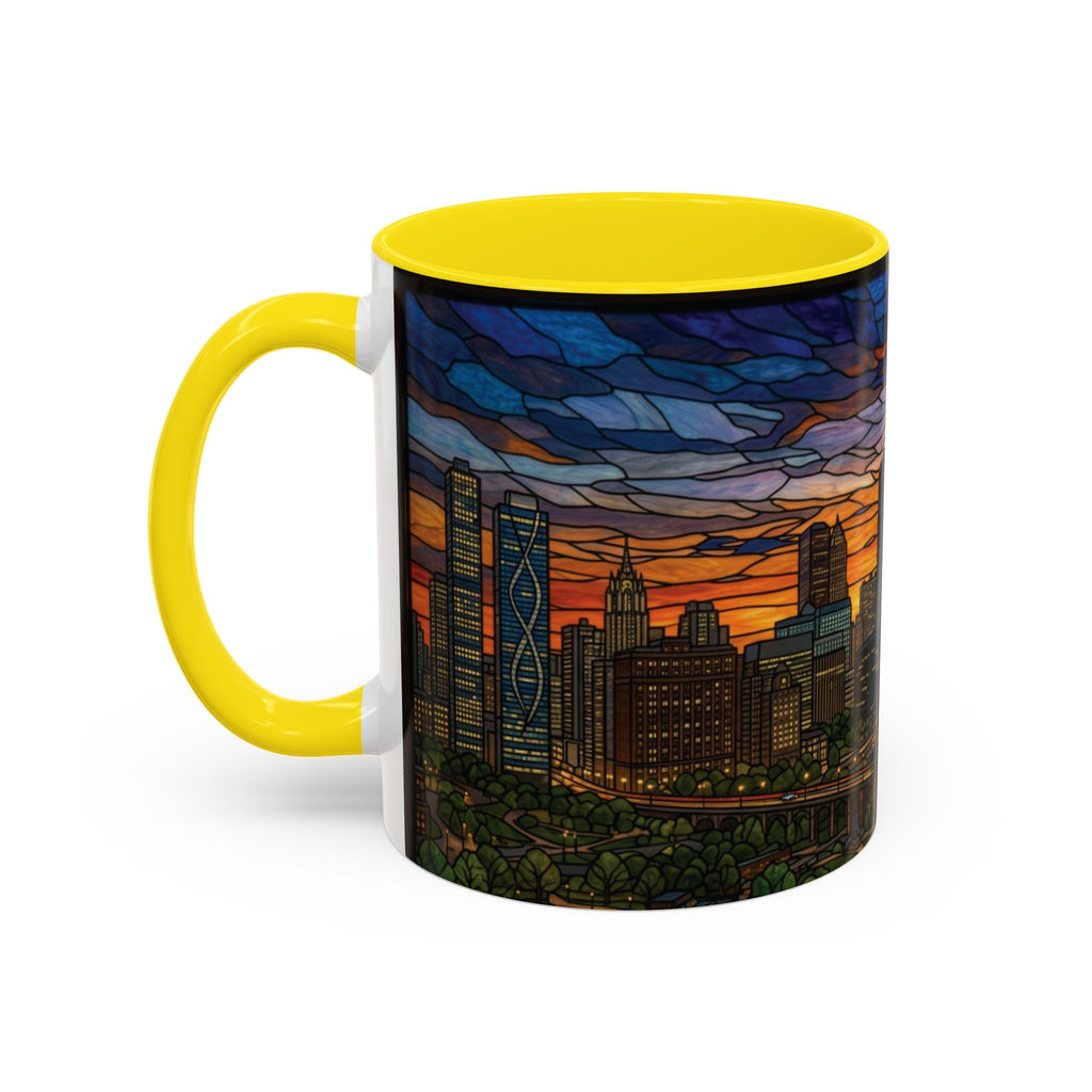 Chicago Skyline Accent Coffee Mug — Stained Glass Sunset Cityscape (11/15oz)