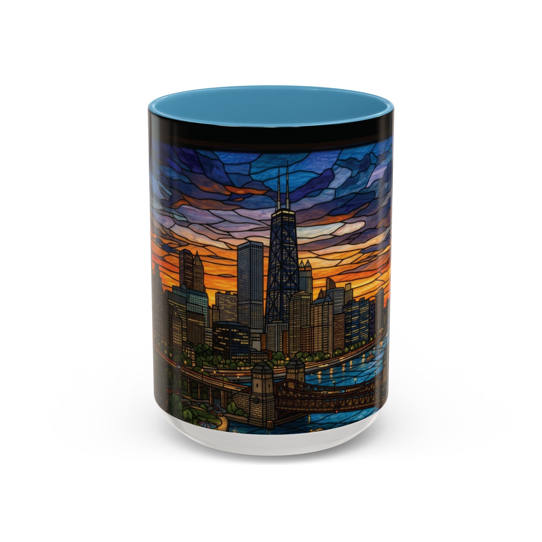 Chicago Skyline Accent Coffee Mug — Stained Glass Sunset Cityscape (11/15oz)