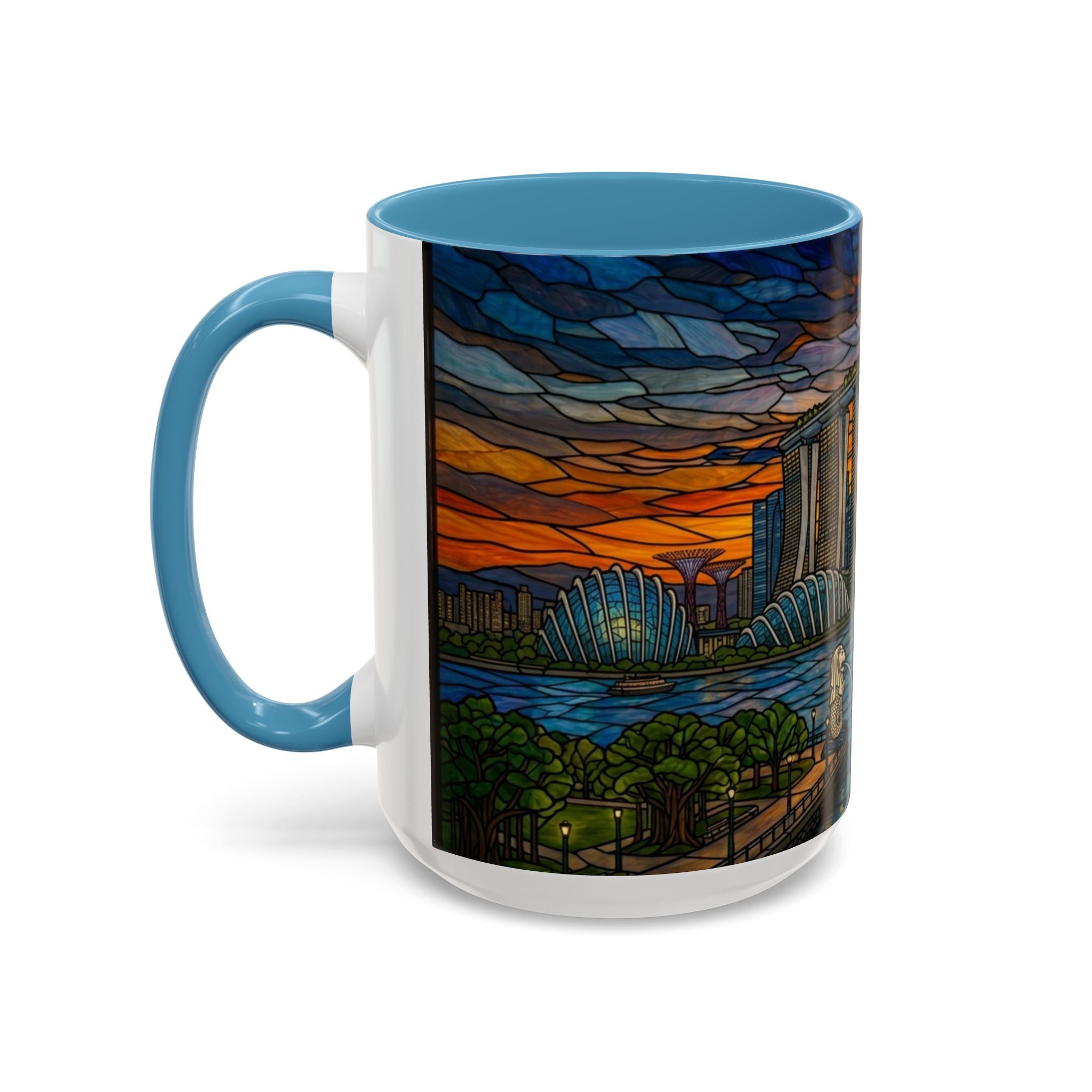 Singapore Skyline Accent Coffee Mug — Stained Glass Marina Bay Sunset Design (11/15oz)