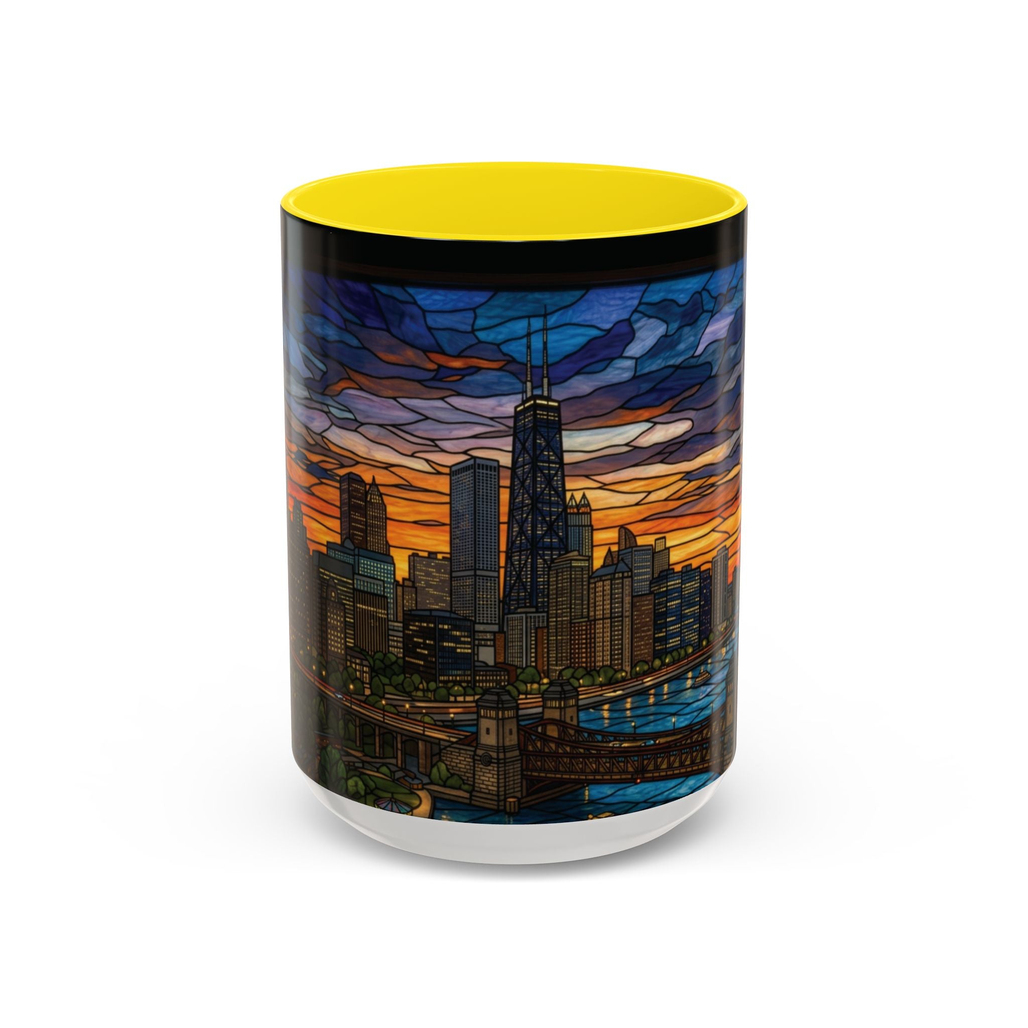 Chicago Skyline Accent Coffee Mug — Stained Glass Sunset Cityscape (11/15oz)