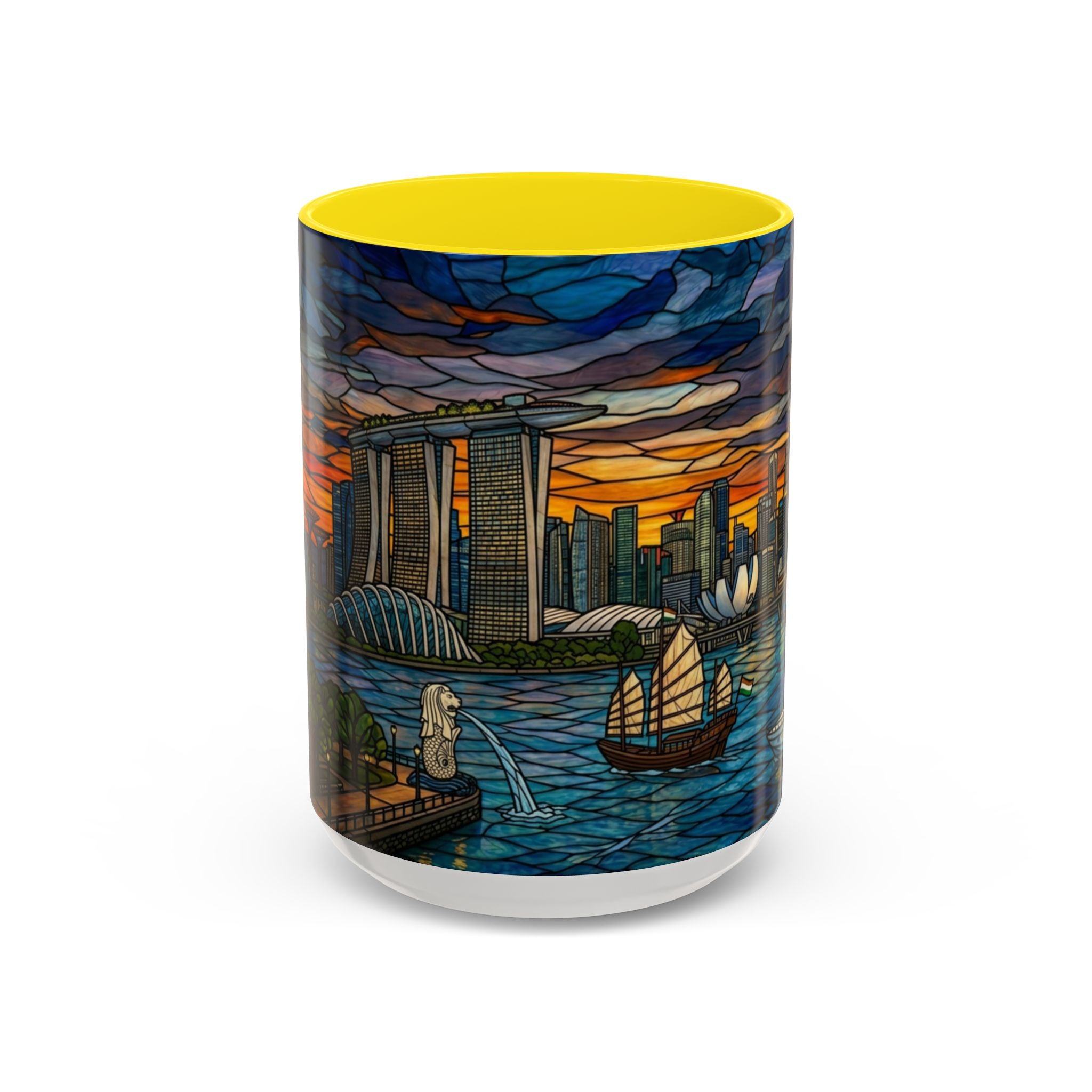 Singapore Skyline Accent Coffee Mug — Stained Glass Marina Bay Sunset Design (11/15oz)