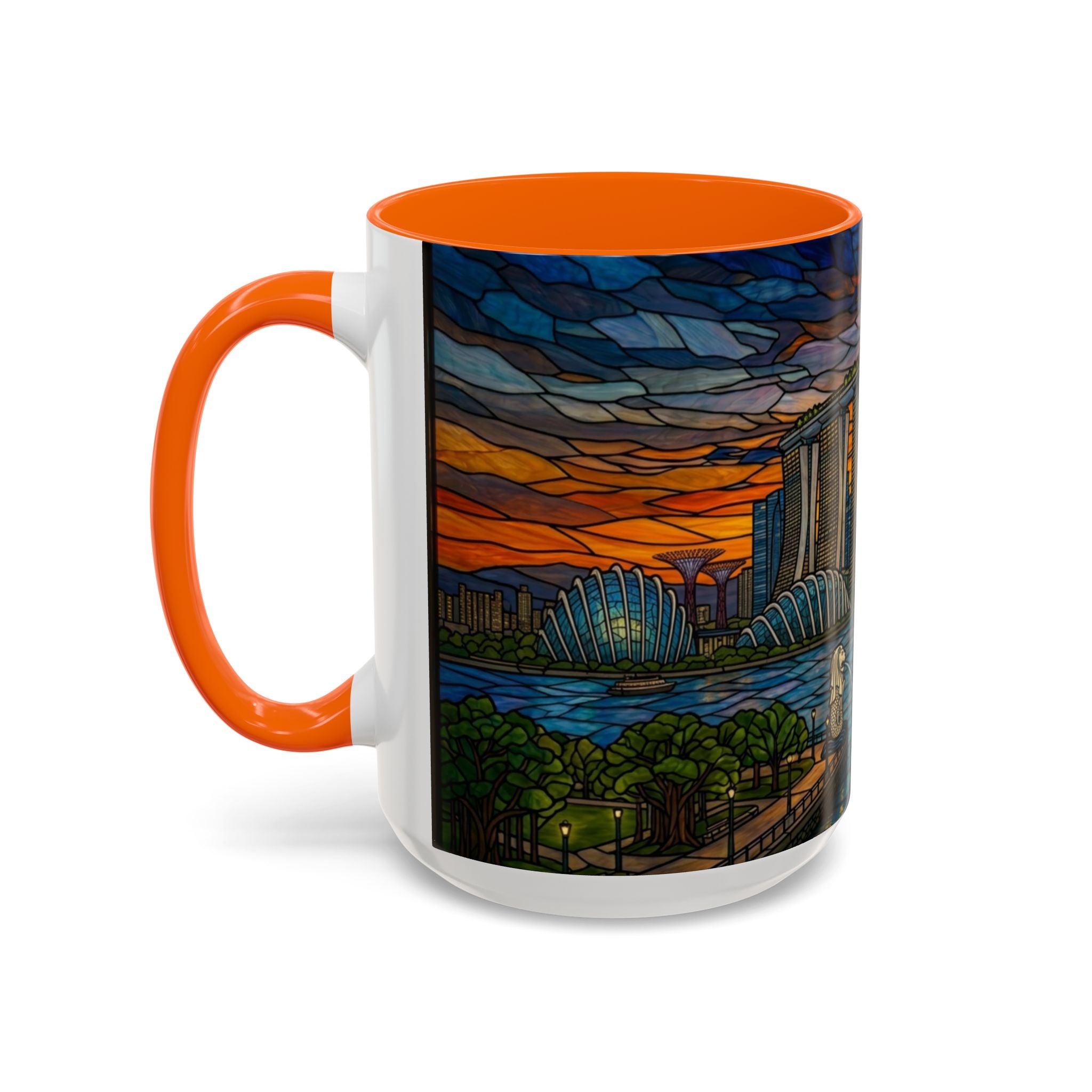 Singapore Skyline Accent Coffee Mug — Stained Glass Marina Bay Sunset Design (11/15oz)