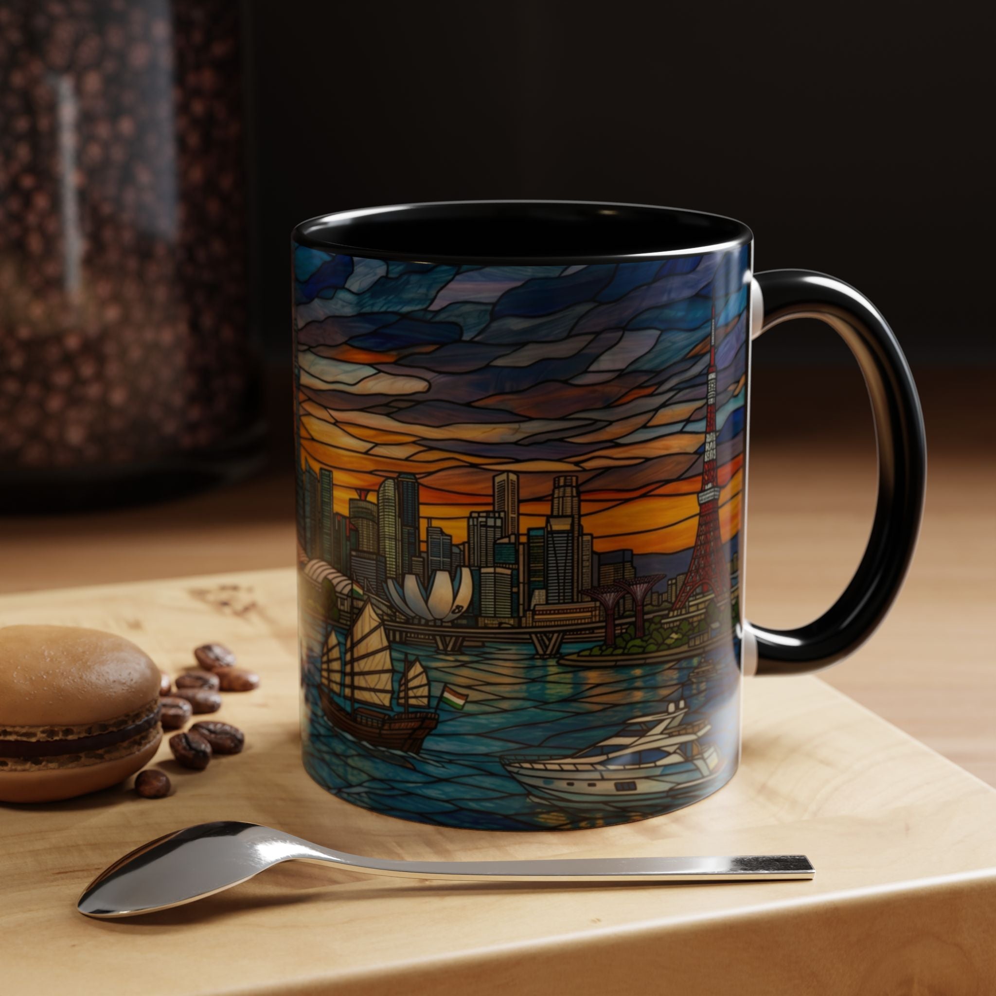 Tokyo City Sky Line Stained Glass Accent Coffee Mug – Sunset Harbor Skyline (11/15oz)