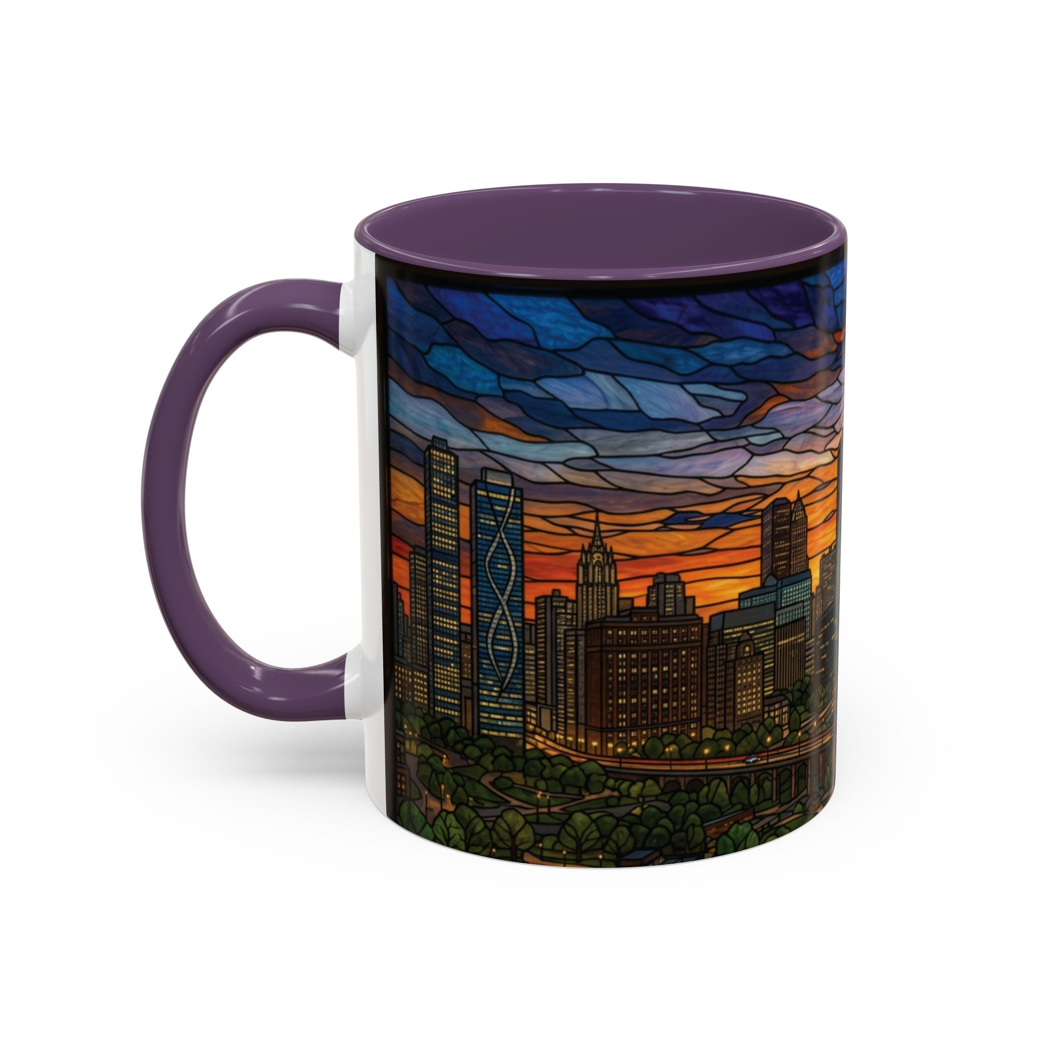Chicago Skyline Accent Coffee Mug — Stained Glass Sunset Cityscape (11/15oz)