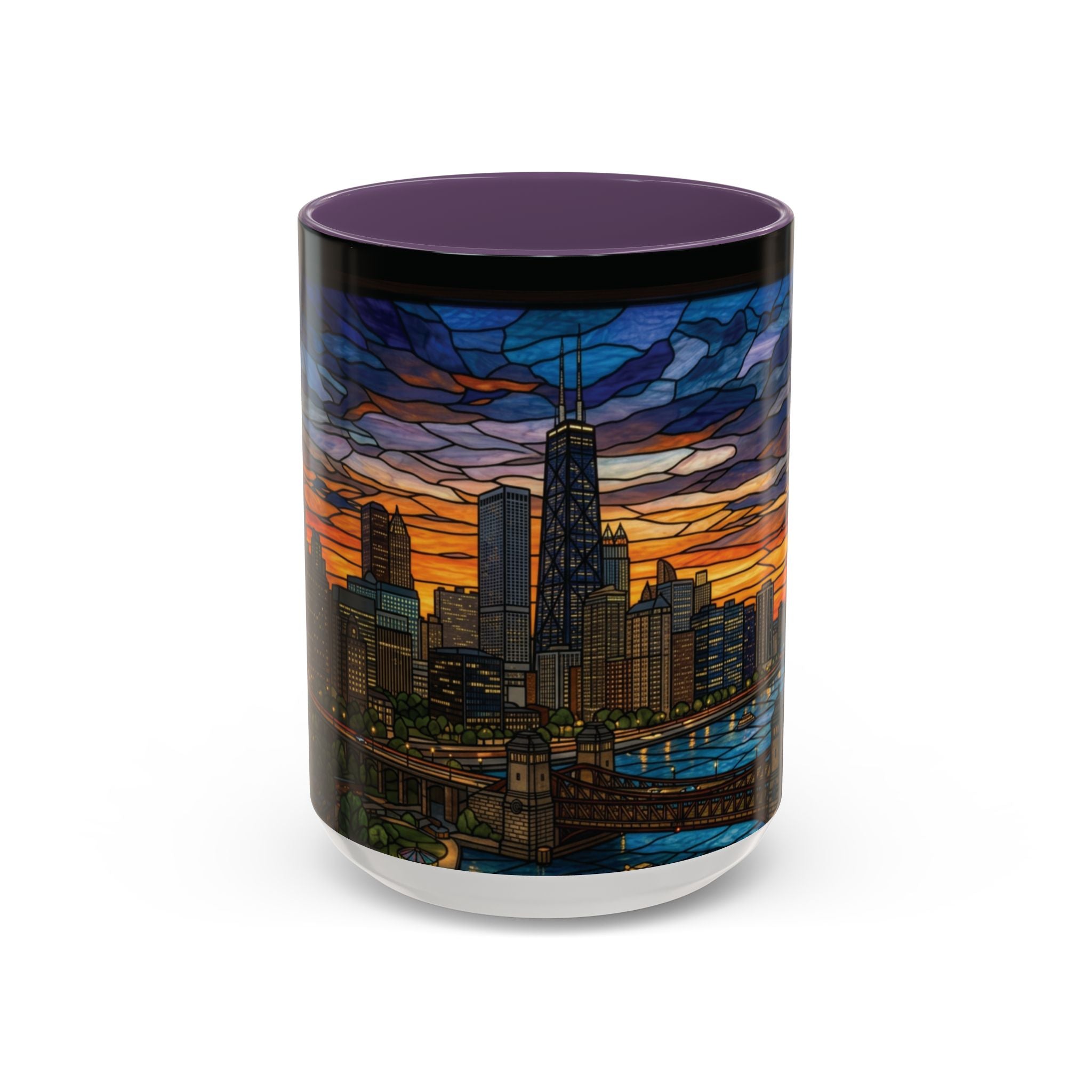 Chicago Skyline Accent Coffee Mug — Stained Glass Sunset Cityscape (11/15oz)