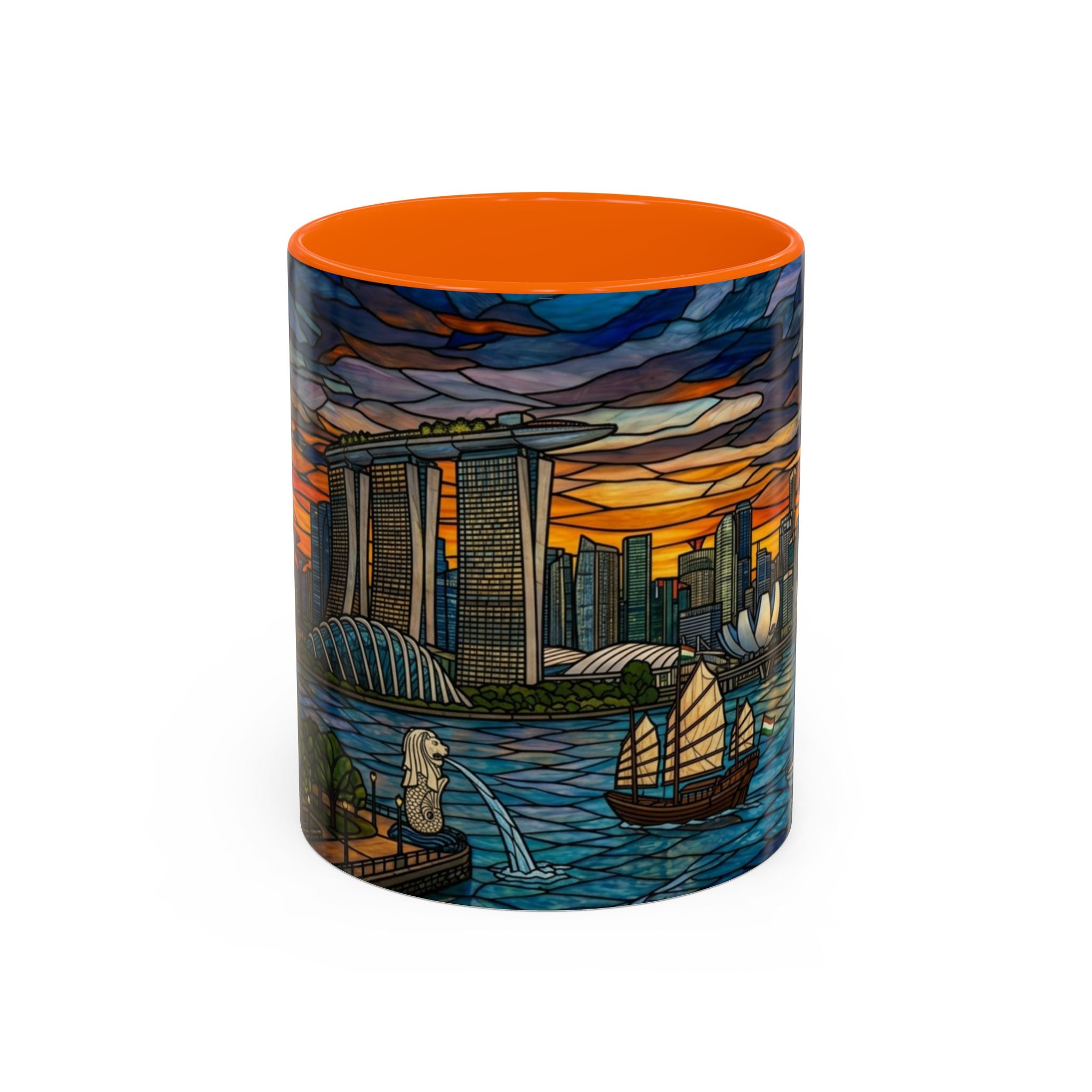 Singapore Skyline Accent Coffee Mug — Stained Glass Marina Bay Sunset Design (11/15oz)