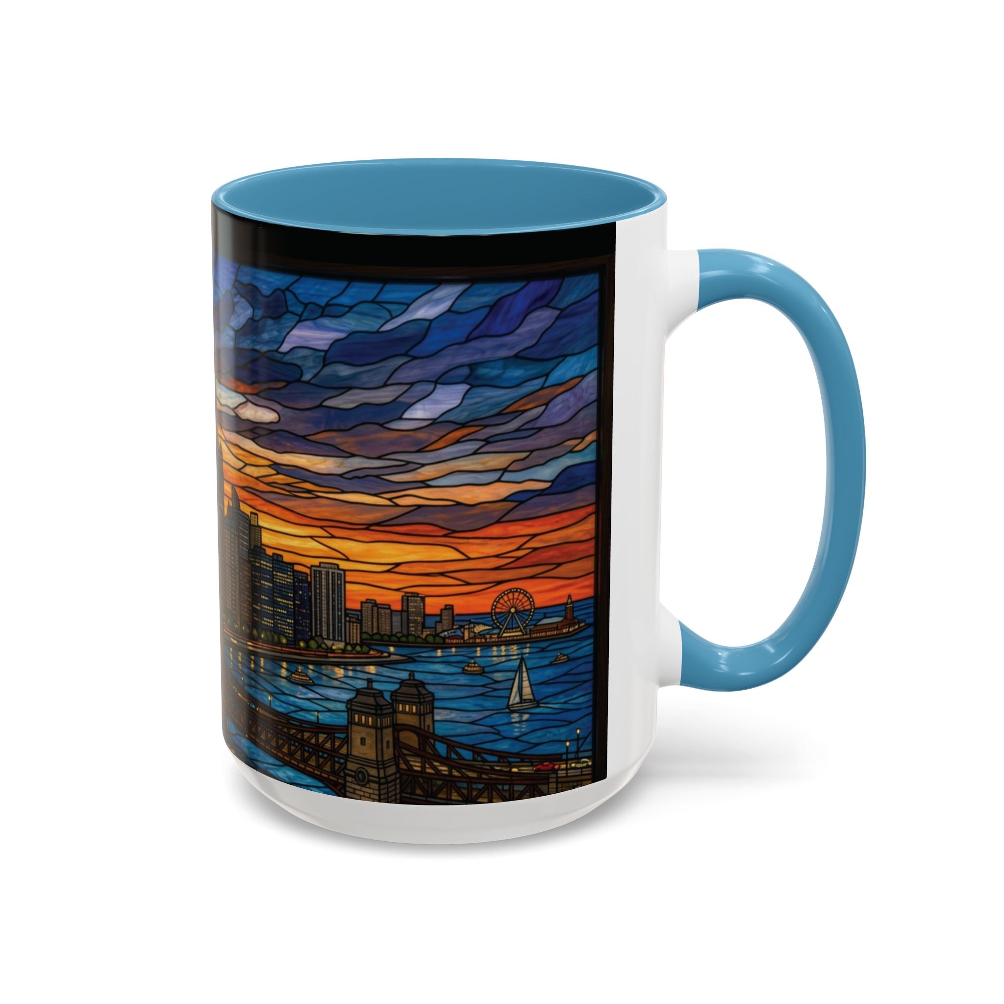 Chicago Skyline Accent Coffee Mug — Stained Glass Sunset Cityscape (11/15oz)