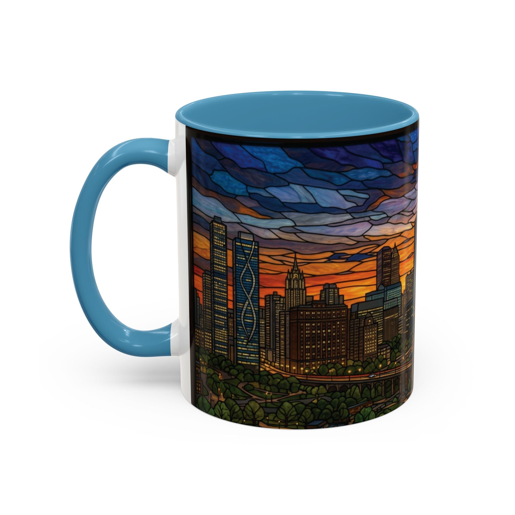 Chicago Skyline Accent Coffee Mug — Stained Glass Sunset Cityscape (11/15oz)