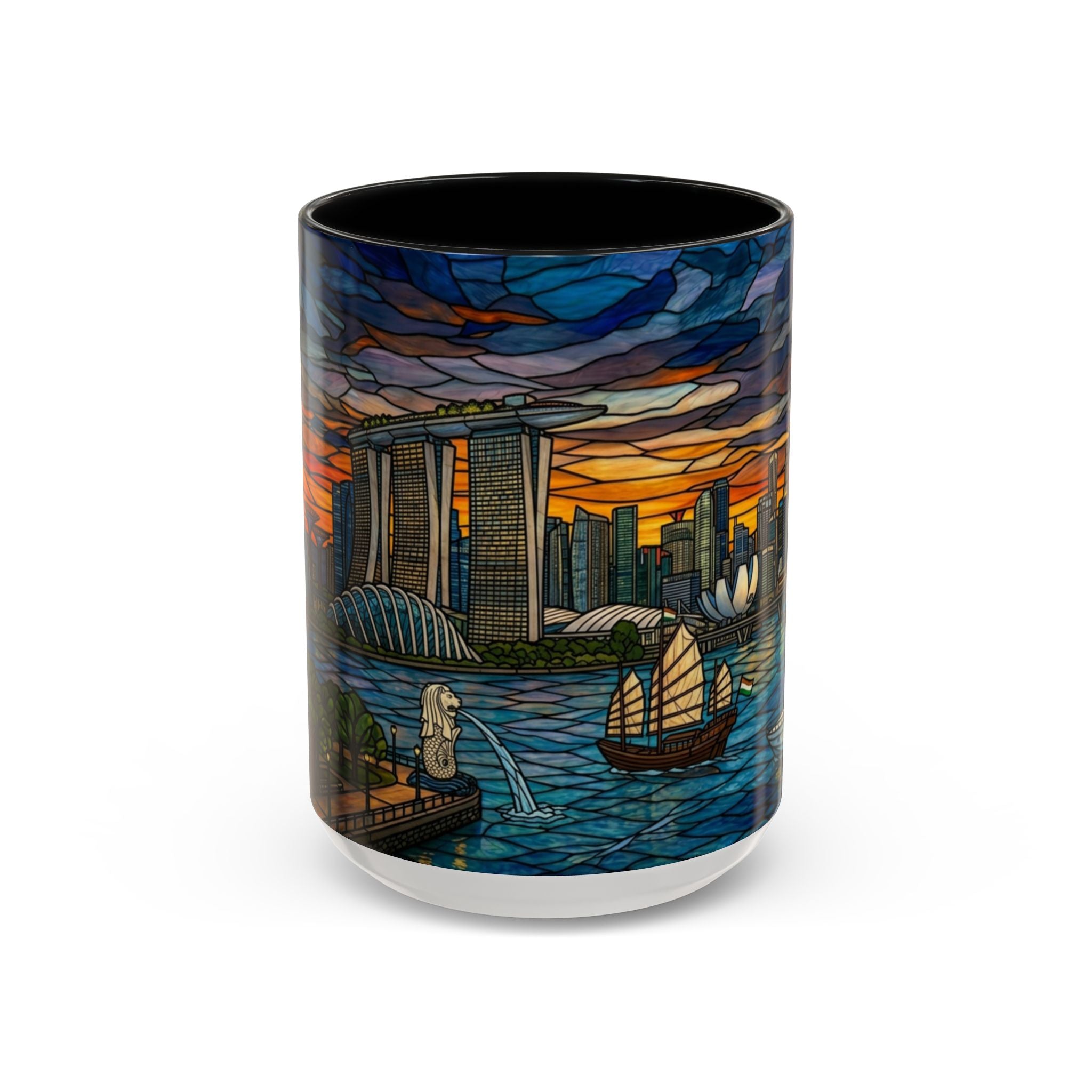Singapore Skyline Accent Coffee Mug — Stained Glass Marina Bay Sunset Design (11/15oz)