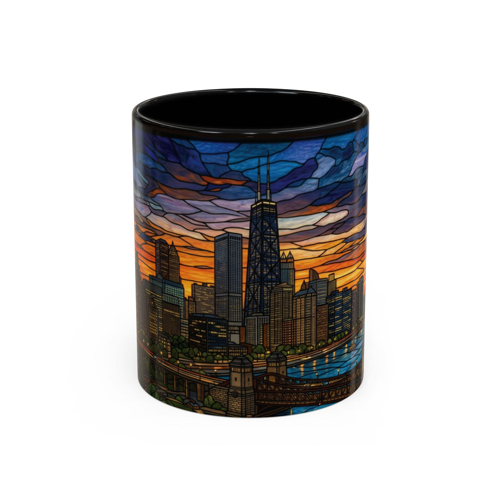 Chicago Skyline Accent Coffee Mug — Stained Glass Sunset Cityscape (11/15oz)