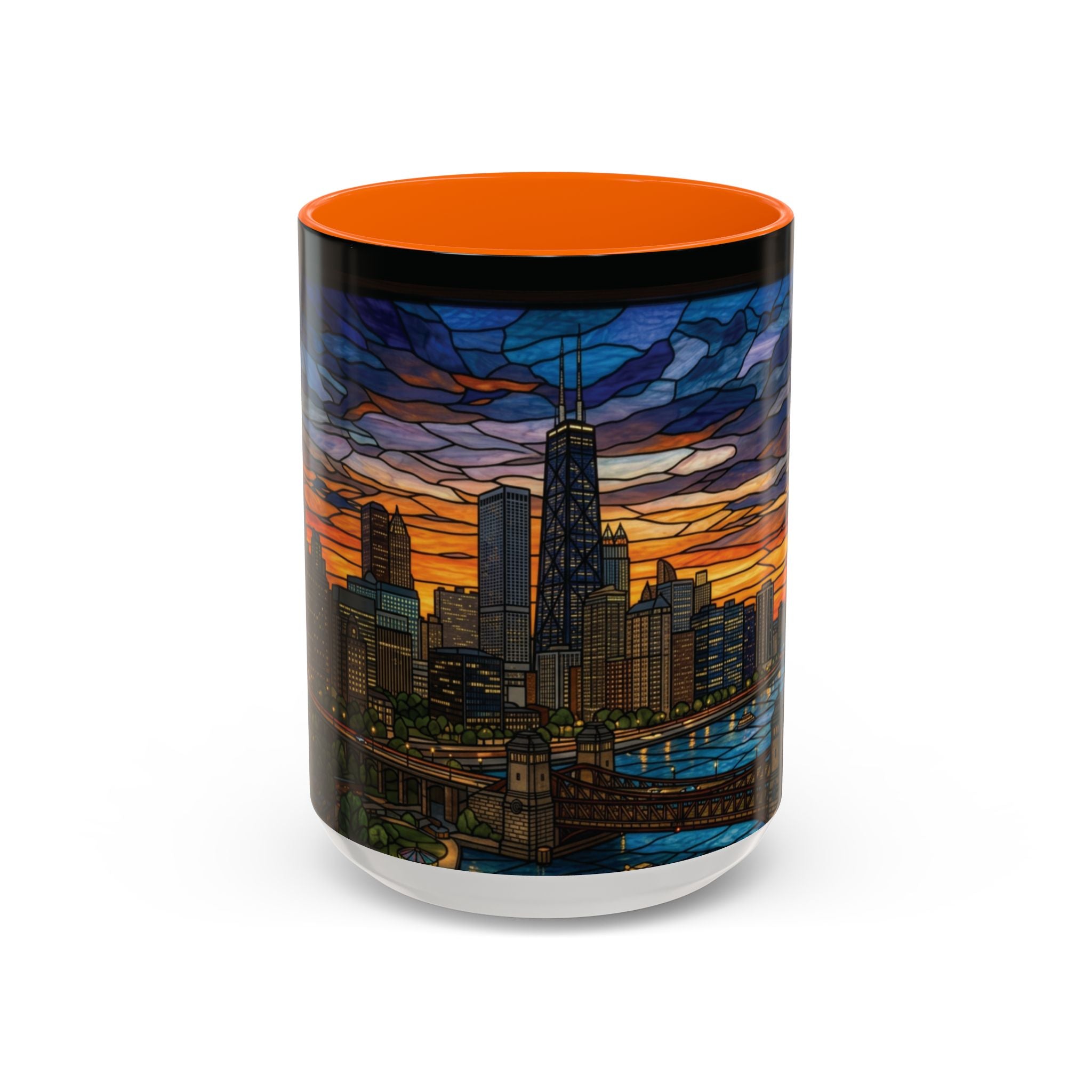 Chicago Skyline Accent Coffee Mug — Stained Glass Sunset Cityscape (11/15oz)