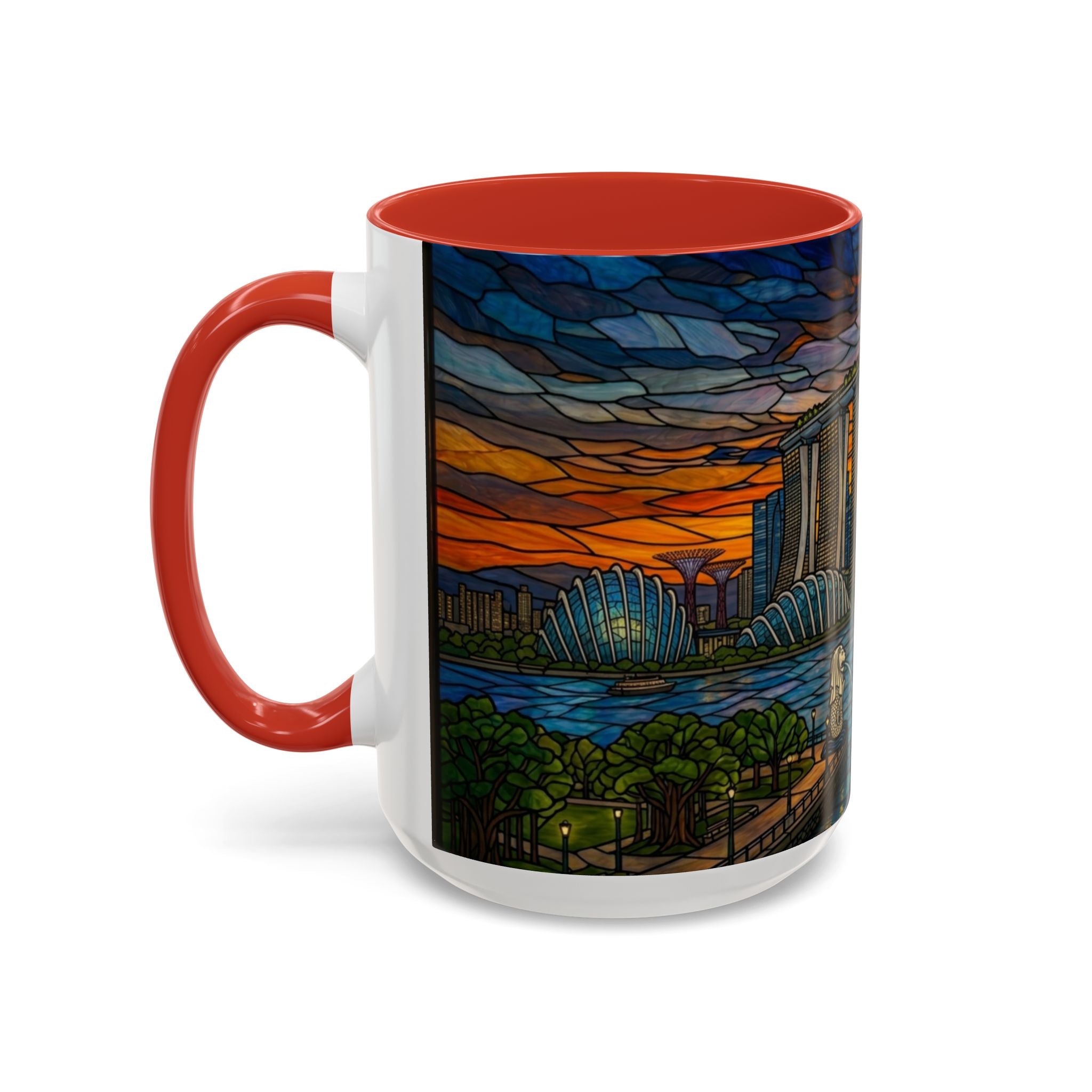 Singapore Skyline Accent Coffee Mug — Stained Glass Marina Bay Sunset Design (11/15oz)