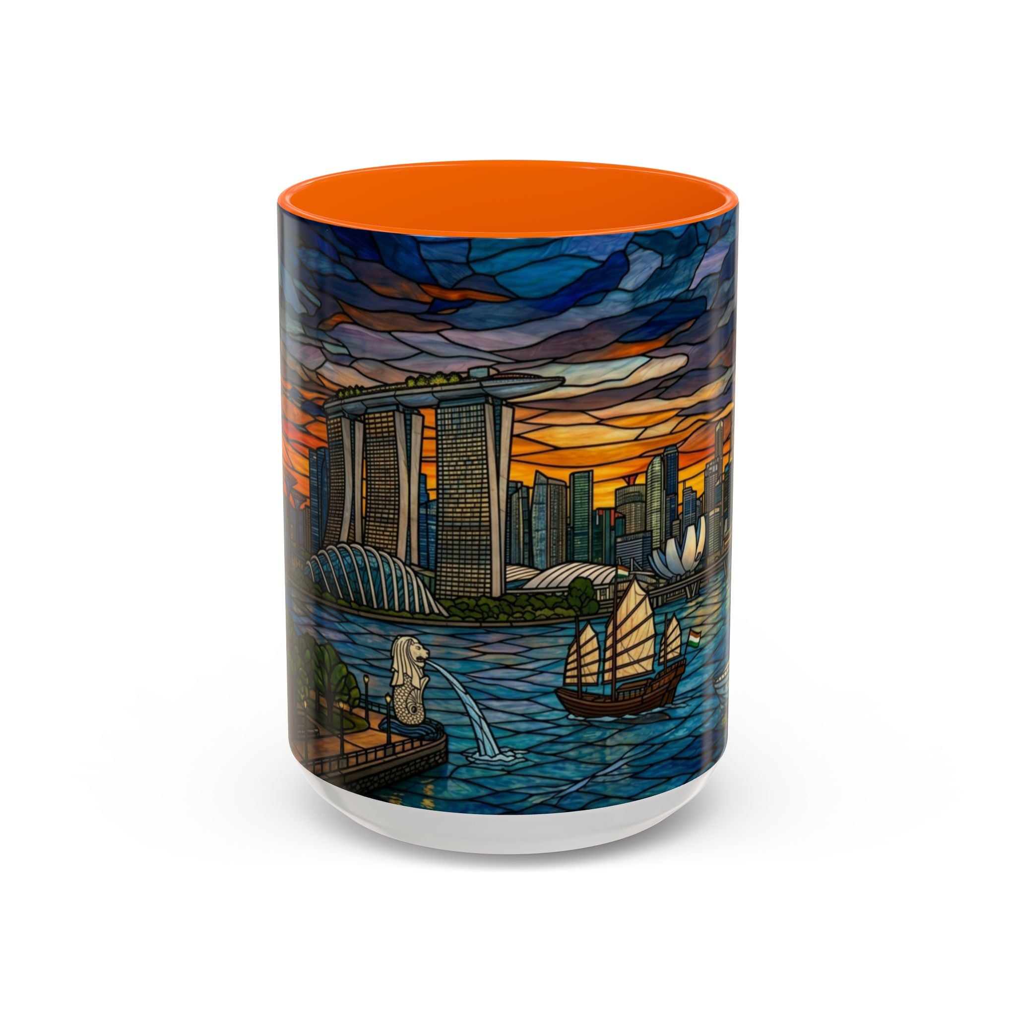 Singapore Skyline Accent Coffee Mug — Stained Glass Marina Bay Sunset Design (11/15oz)