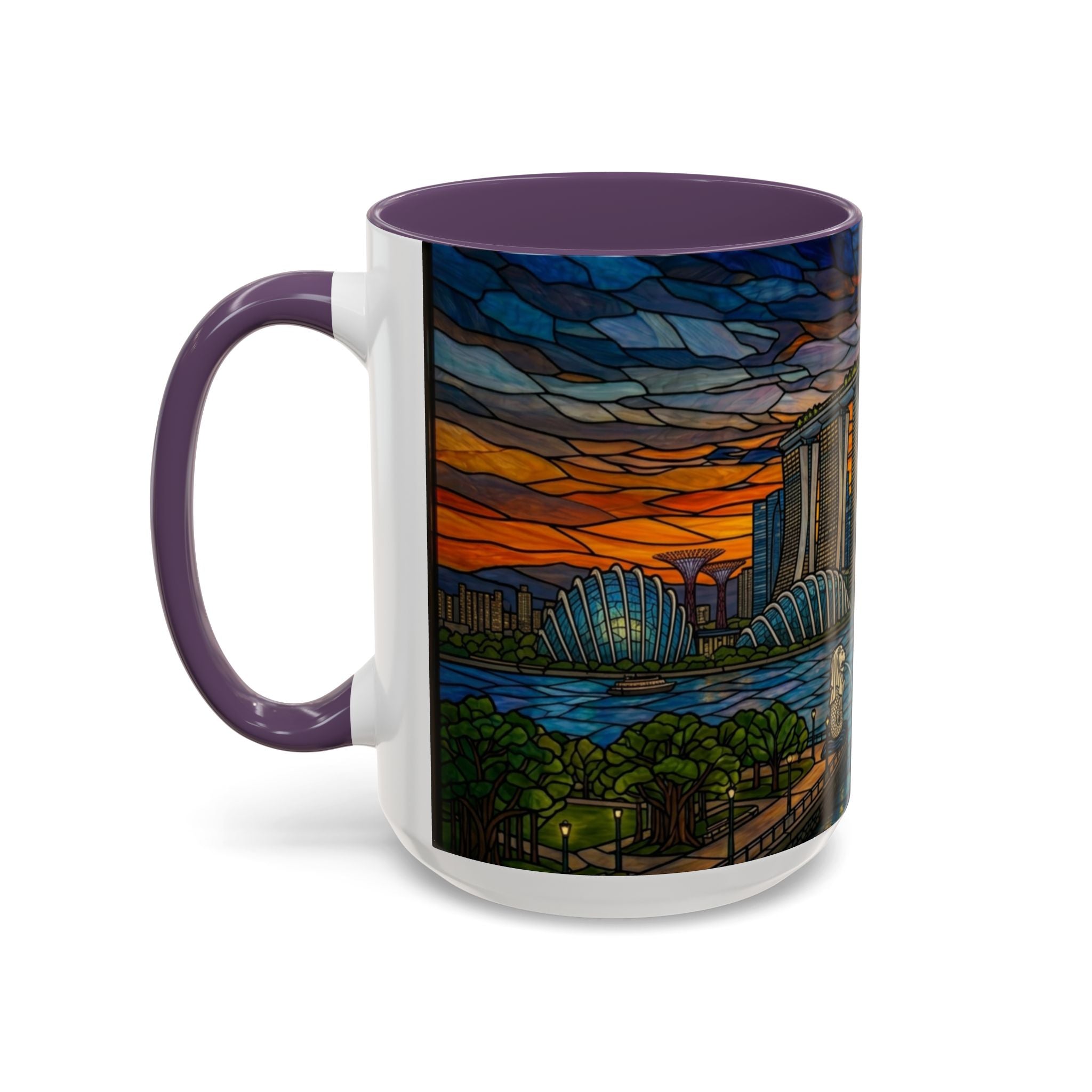 Singapore Skyline Accent Coffee Mug — Stained Glass Marina Bay Sunset Design (11/15oz)