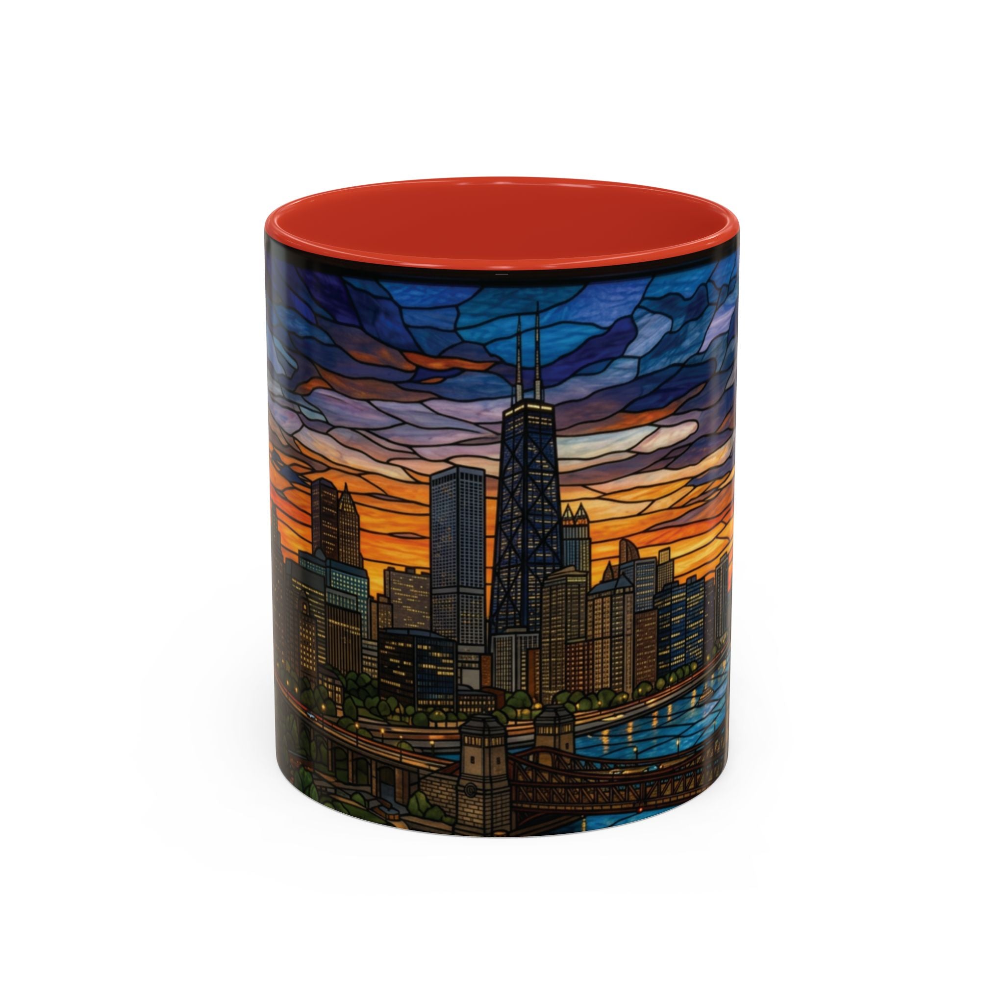 Chicago Skyline Accent Coffee Mug — Stained Glass Sunset Cityscape (11/15oz)