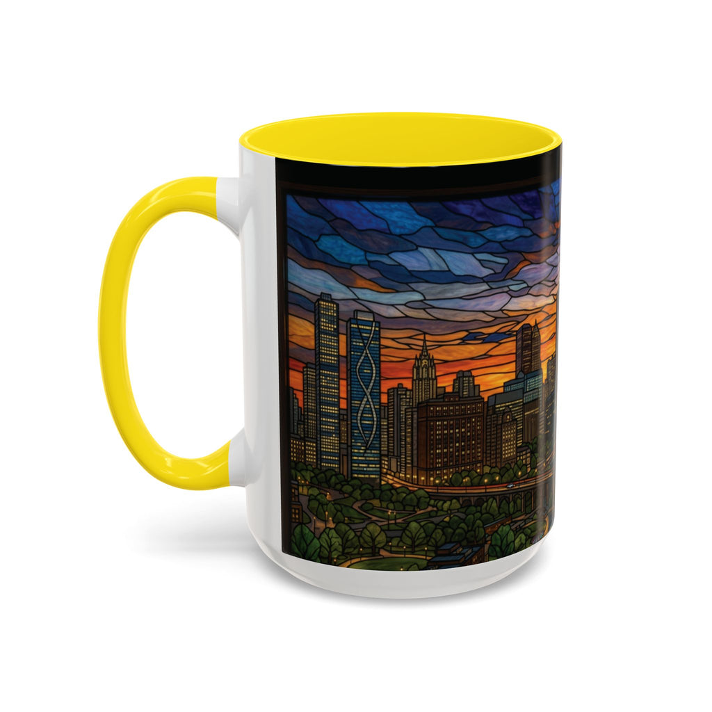Chicago Skyline Accent Coffee Mug — Stained Glass Sunset Cityscape (11/15oz)