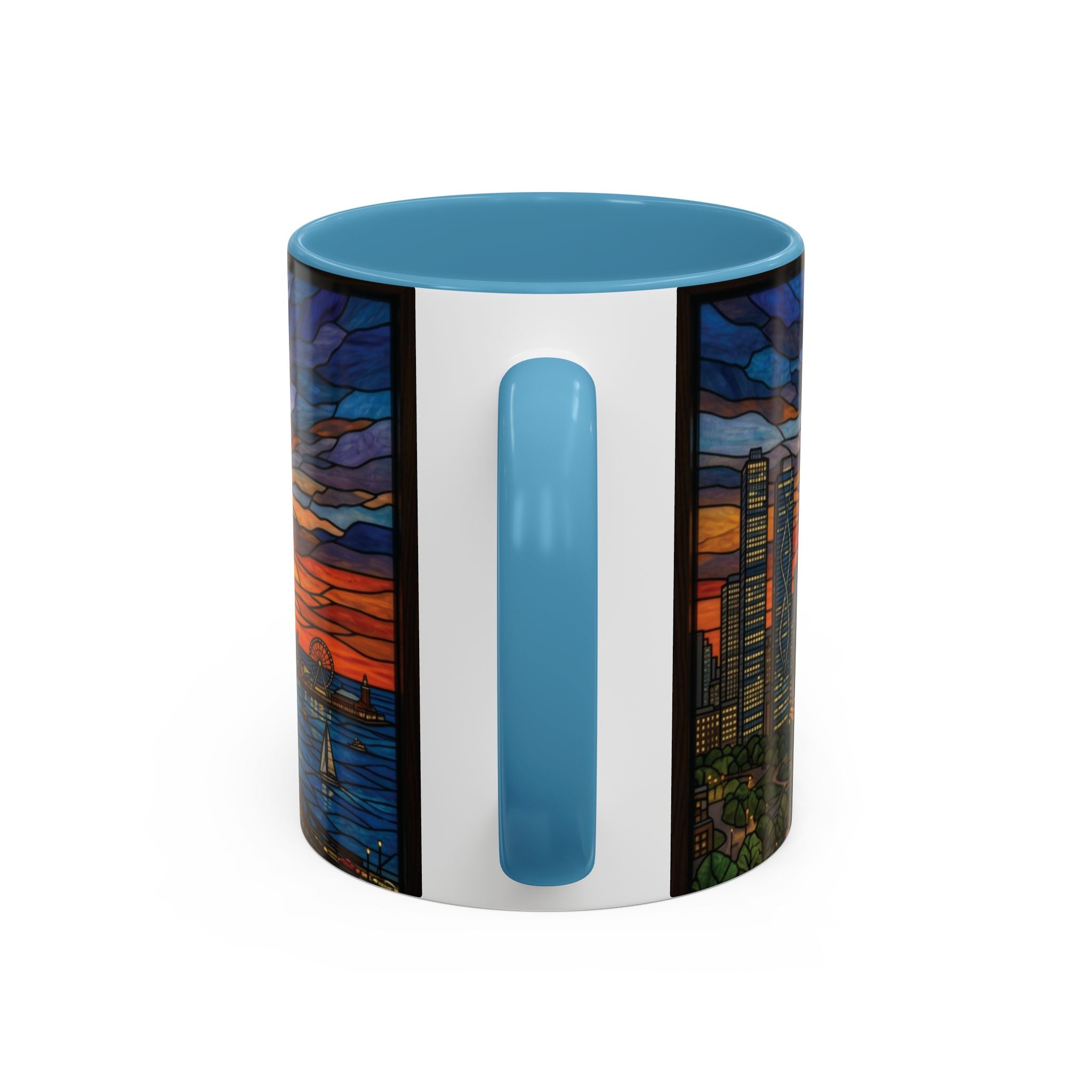 Chicago Skyline Accent Coffee Mug — Stained Glass Sunset Cityscape (11/15oz)