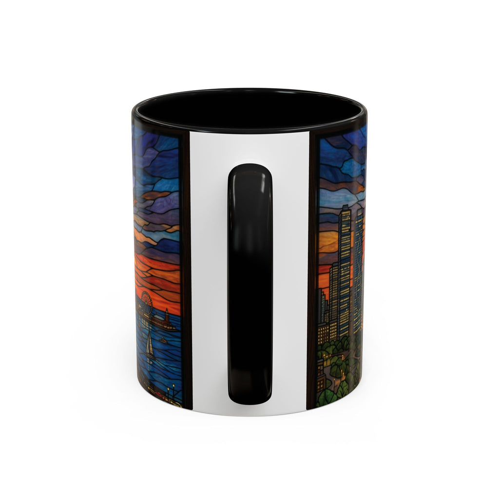 Chicago Skyline Accent Coffee Mug — Stained Glass Sunset Cityscape (11/15oz)