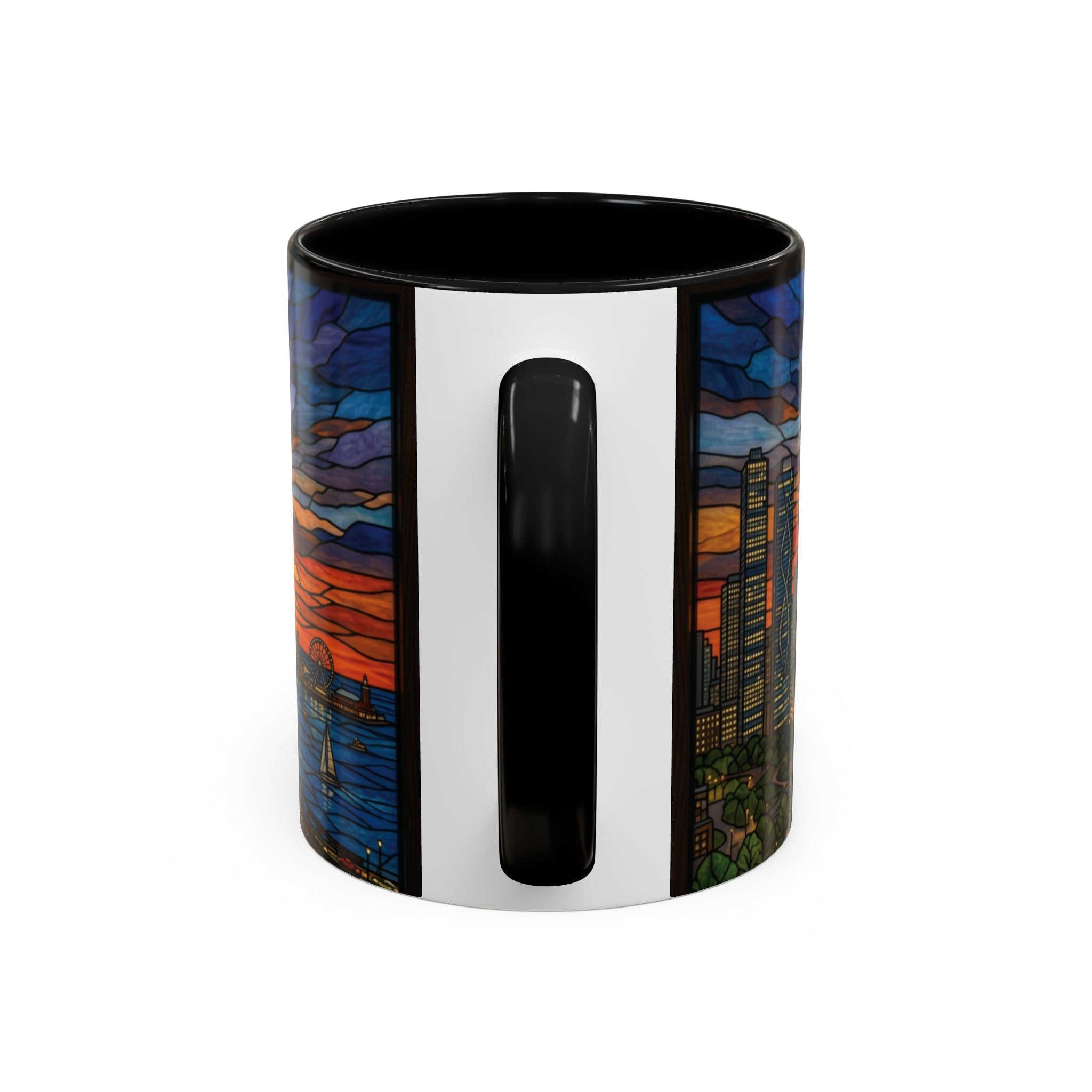 Chicago Skyline Accent Coffee Mug — Stained Glass Sunset Cityscape (11/15oz)