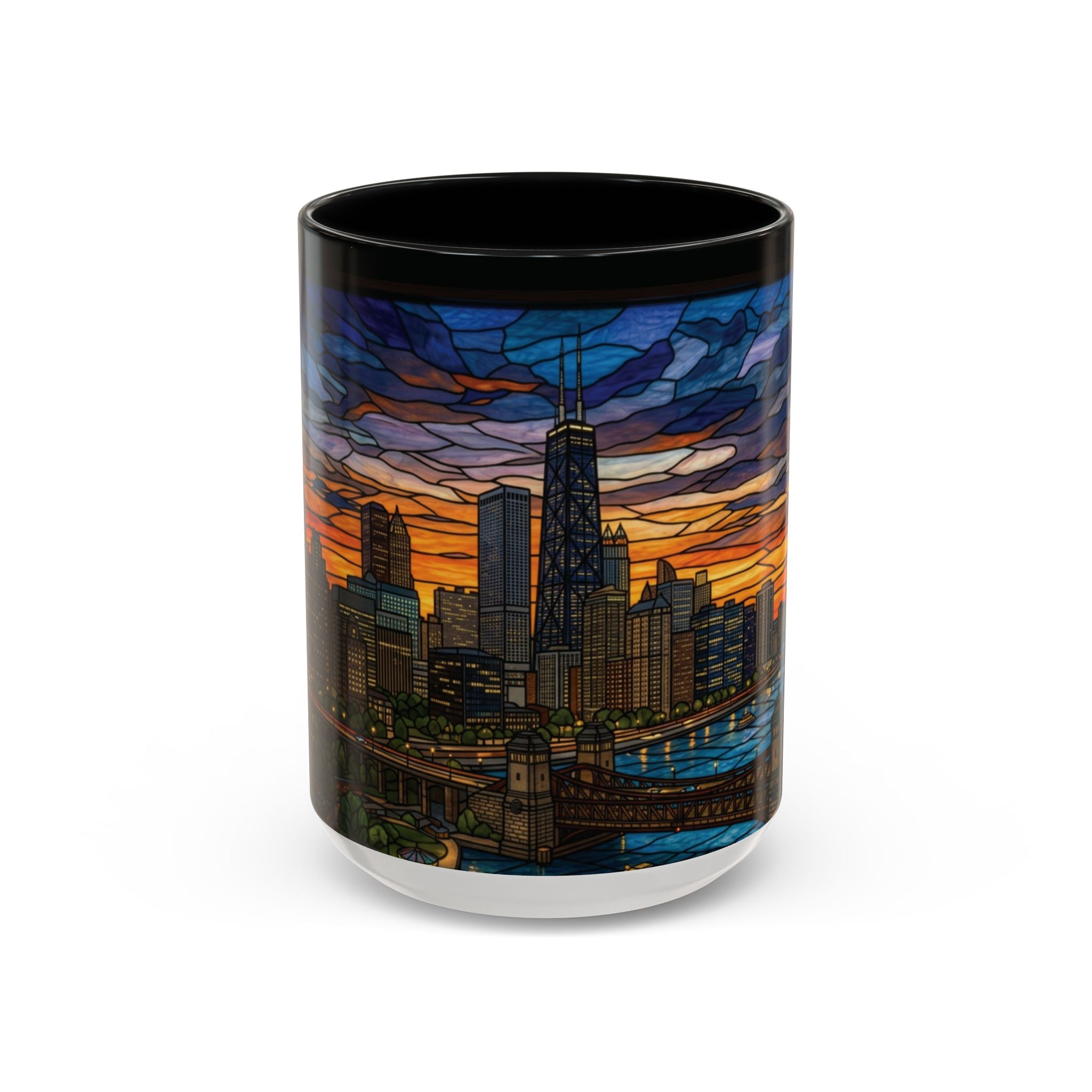 Chicago Skyline Accent Coffee Mug — Stained Glass Sunset Cityscape (11/15oz)