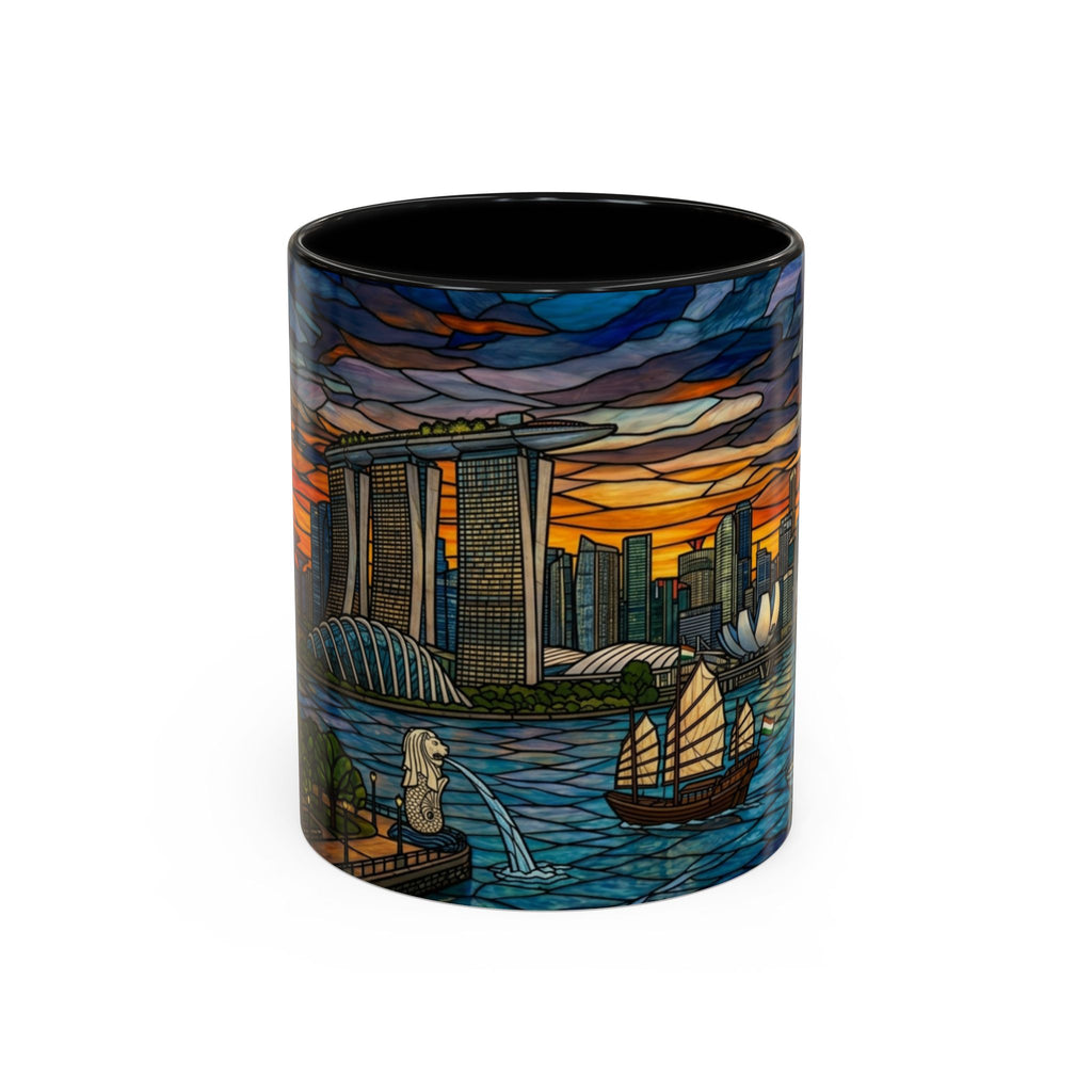 Singapore Skyline Accent Coffee Mug — Stained Glass Marina Bay Sunset Design (11/15oz)