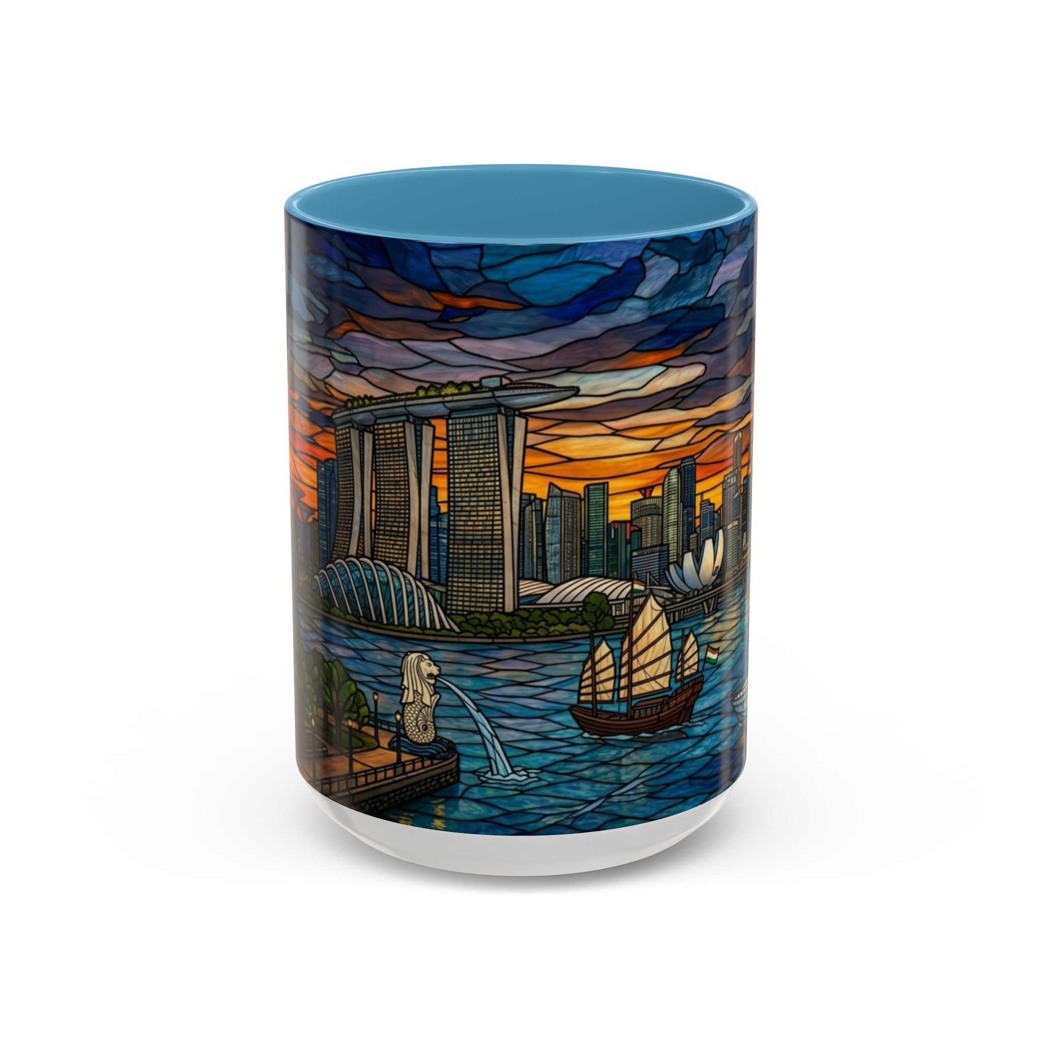 Singapore Skyline Accent Coffee Mug — Stained Glass Marina Bay Sunset Design (11/15oz)