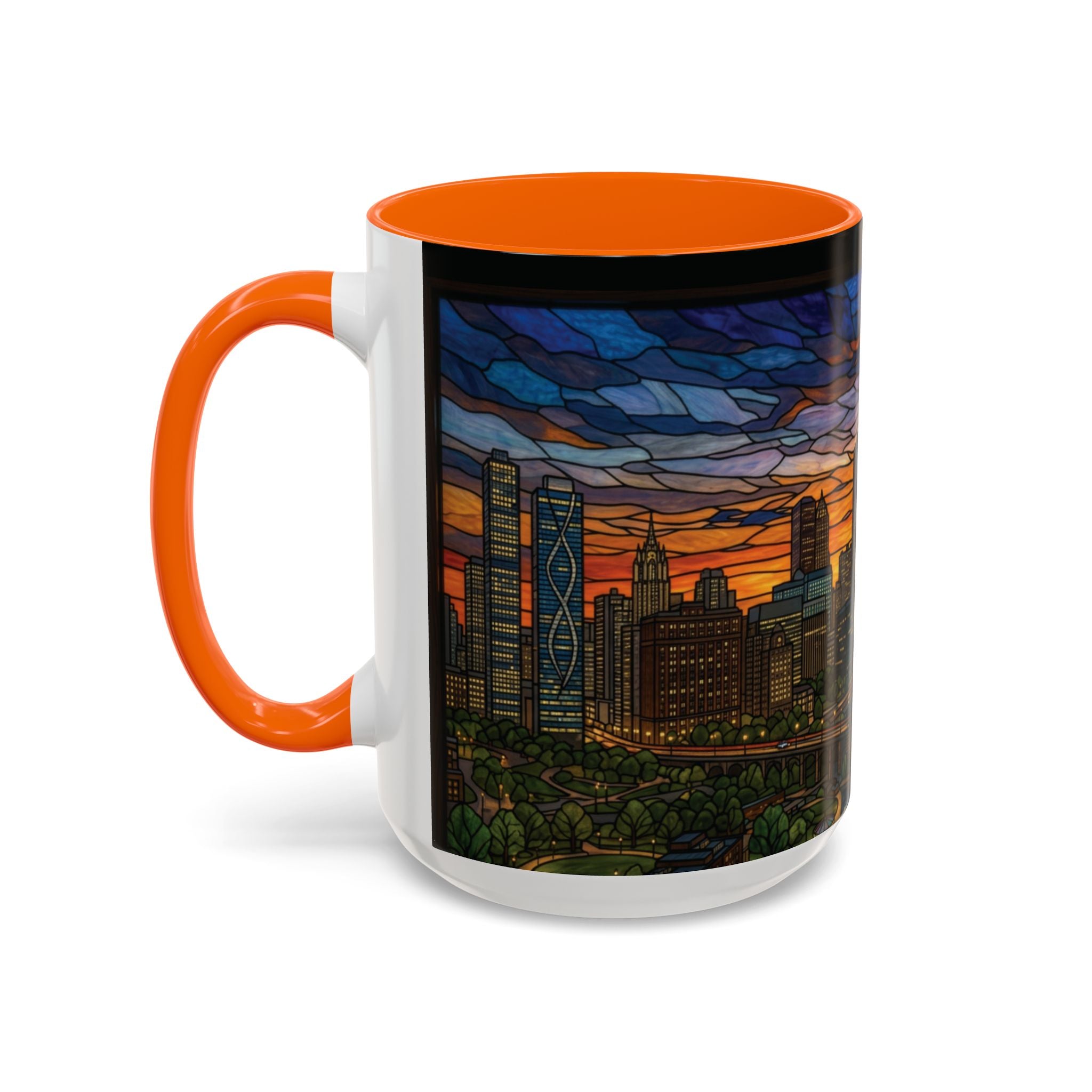 Chicago Skyline Accent Coffee Mug — Stained Glass Sunset Cityscape (11/15oz)