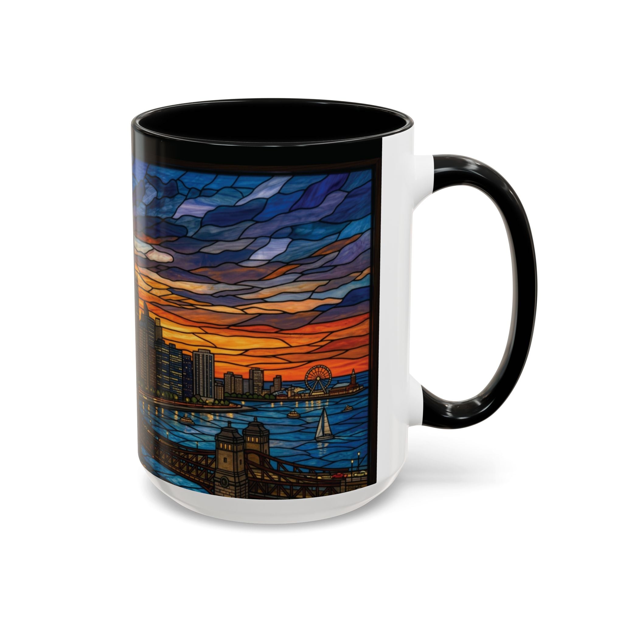 Chicago Skyline Accent Coffee Mug — Stained Glass Sunset Cityscape (11/15oz)