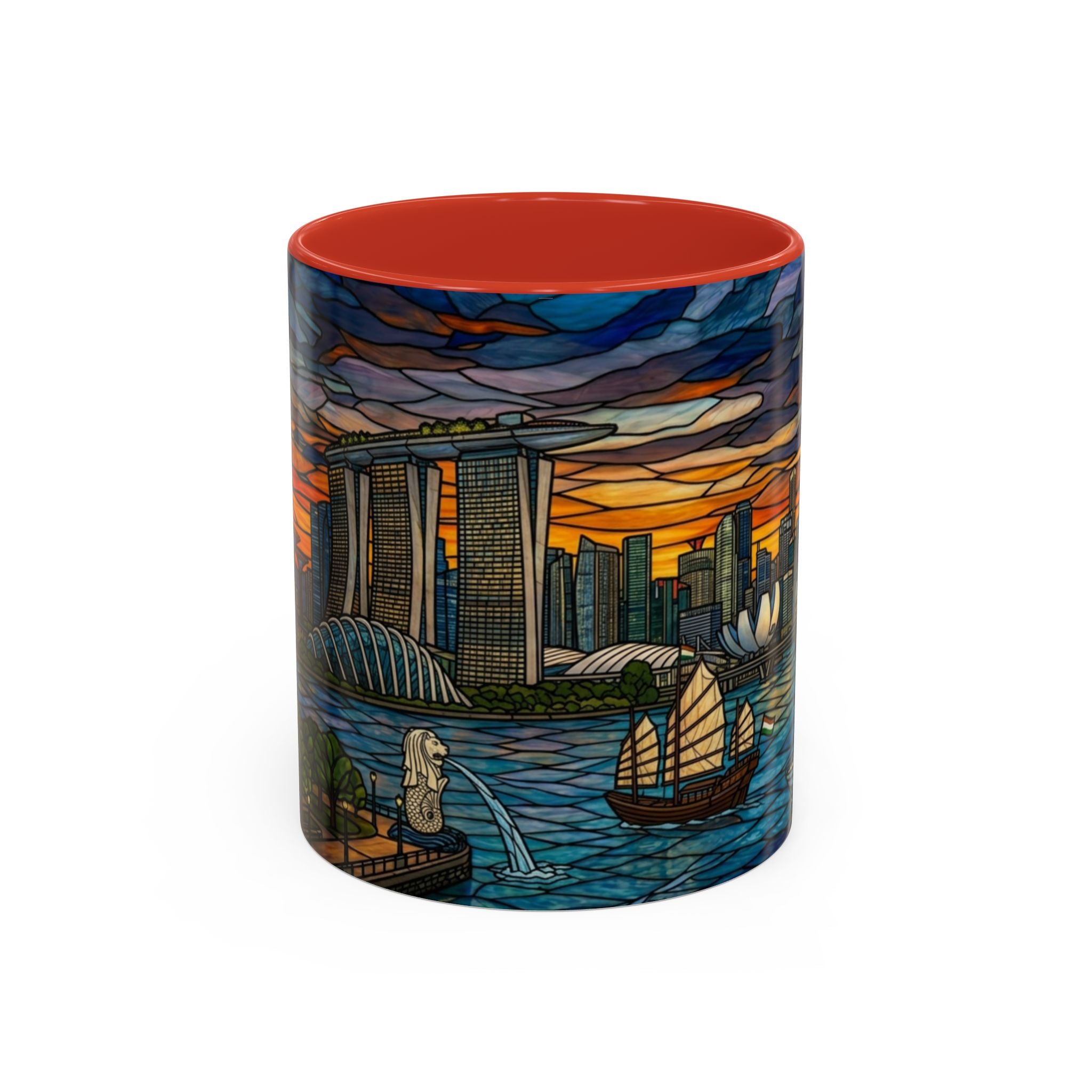 Singapore Skyline Accent Coffee Mug — Stained Glass Marina Bay Sunset Design (11/15oz)