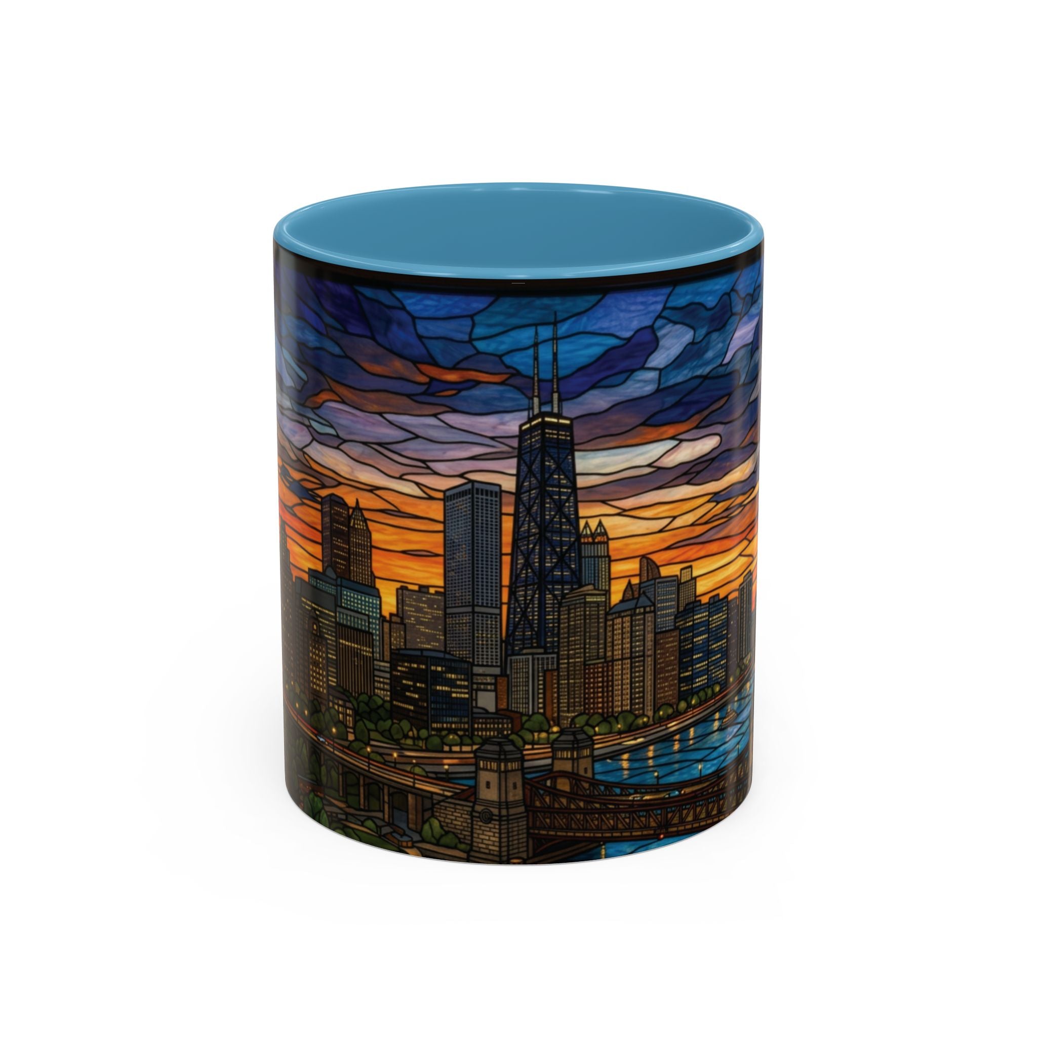 Chicago Skyline Accent Coffee Mug — Stained Glass Sunset Cityscape (11/15oz)