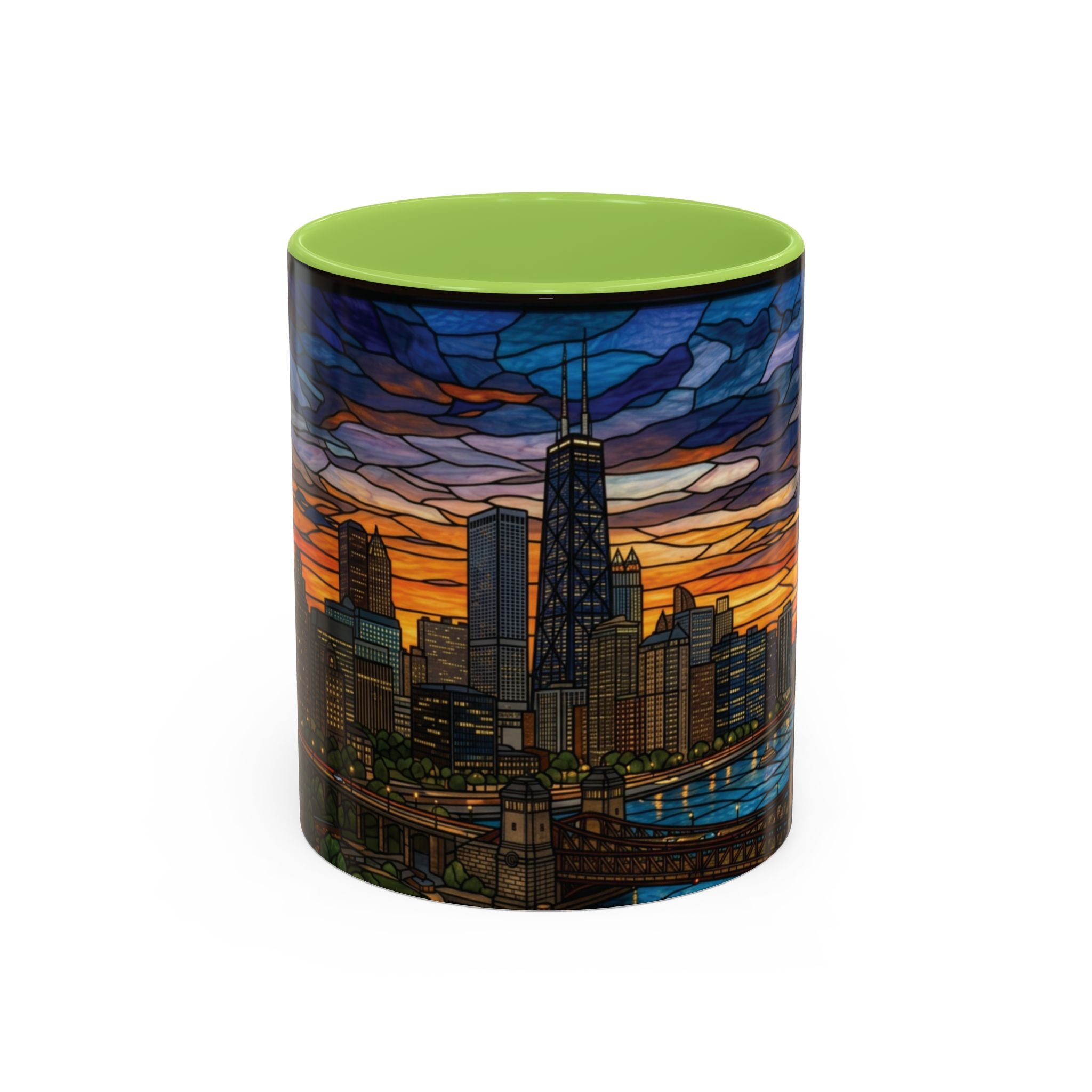 Chicago Skyline Accent Coffee Mug — Stained Glass Sunset Cityscape (11/15oz)