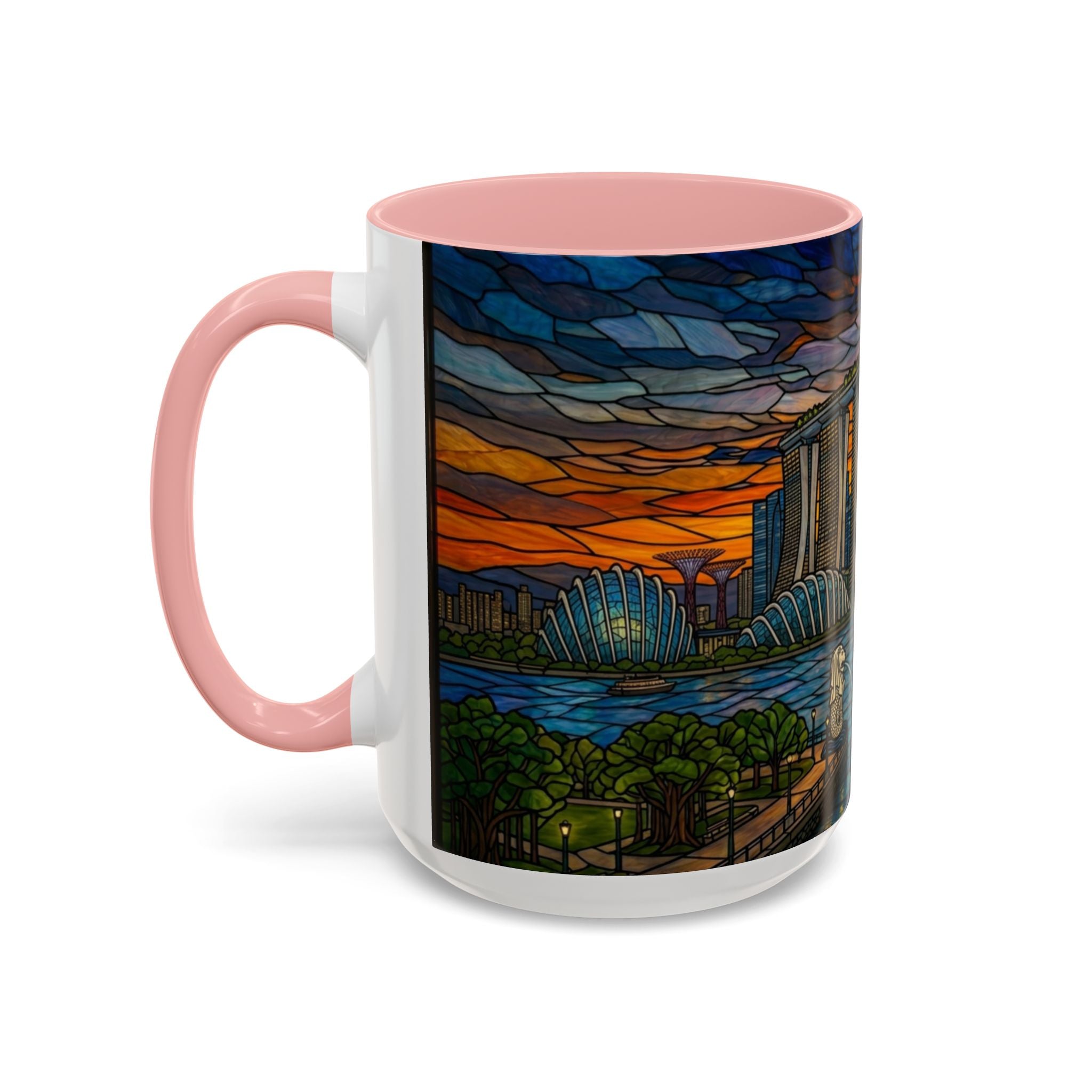 Singapore Skyline Accent Coffee Mug — Stained Glass Marina Bay Sunset Design (11/15oz)