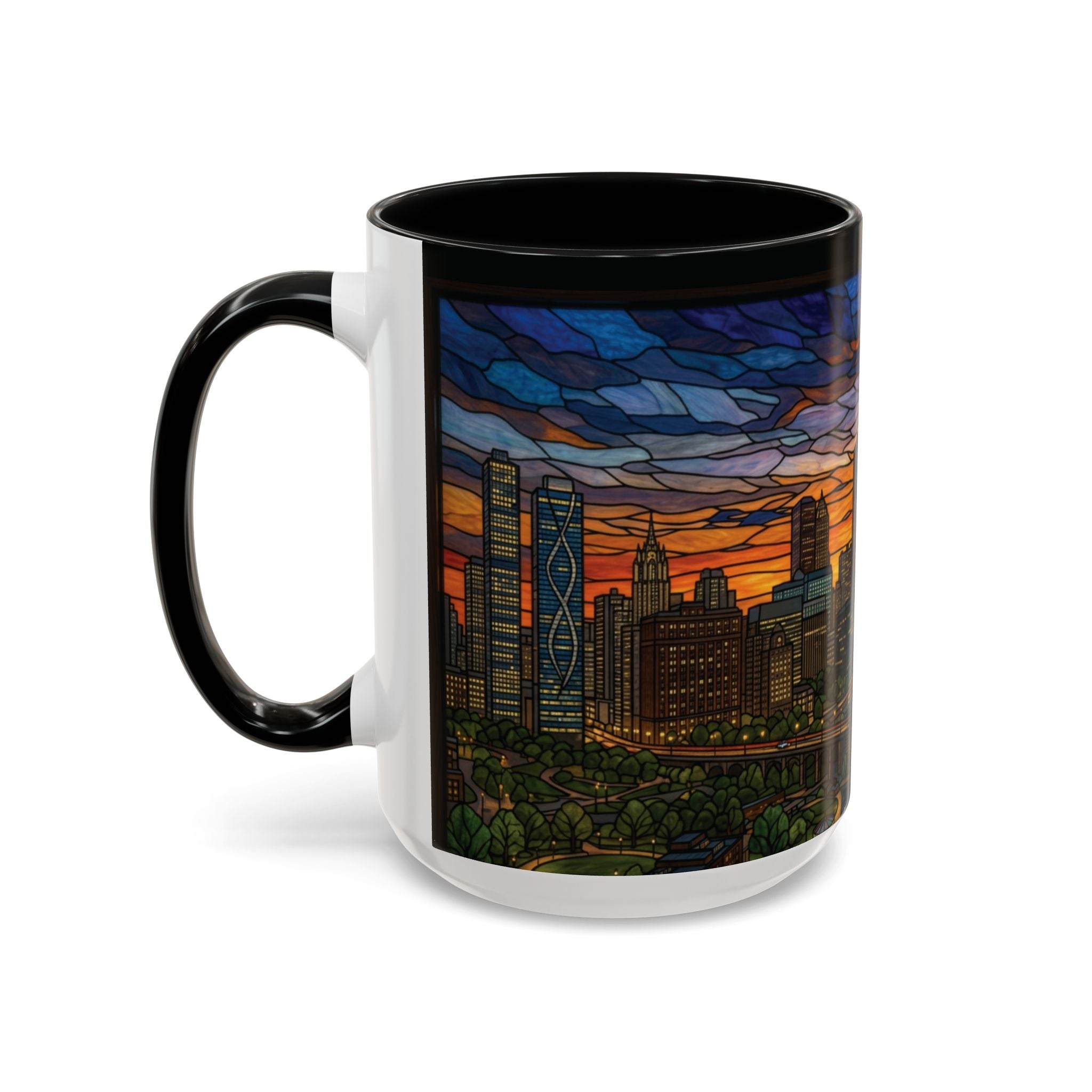 Chicago Skyline Accent Coffee Mug — Stained Glass Sunset Cityscape (11/15oz)