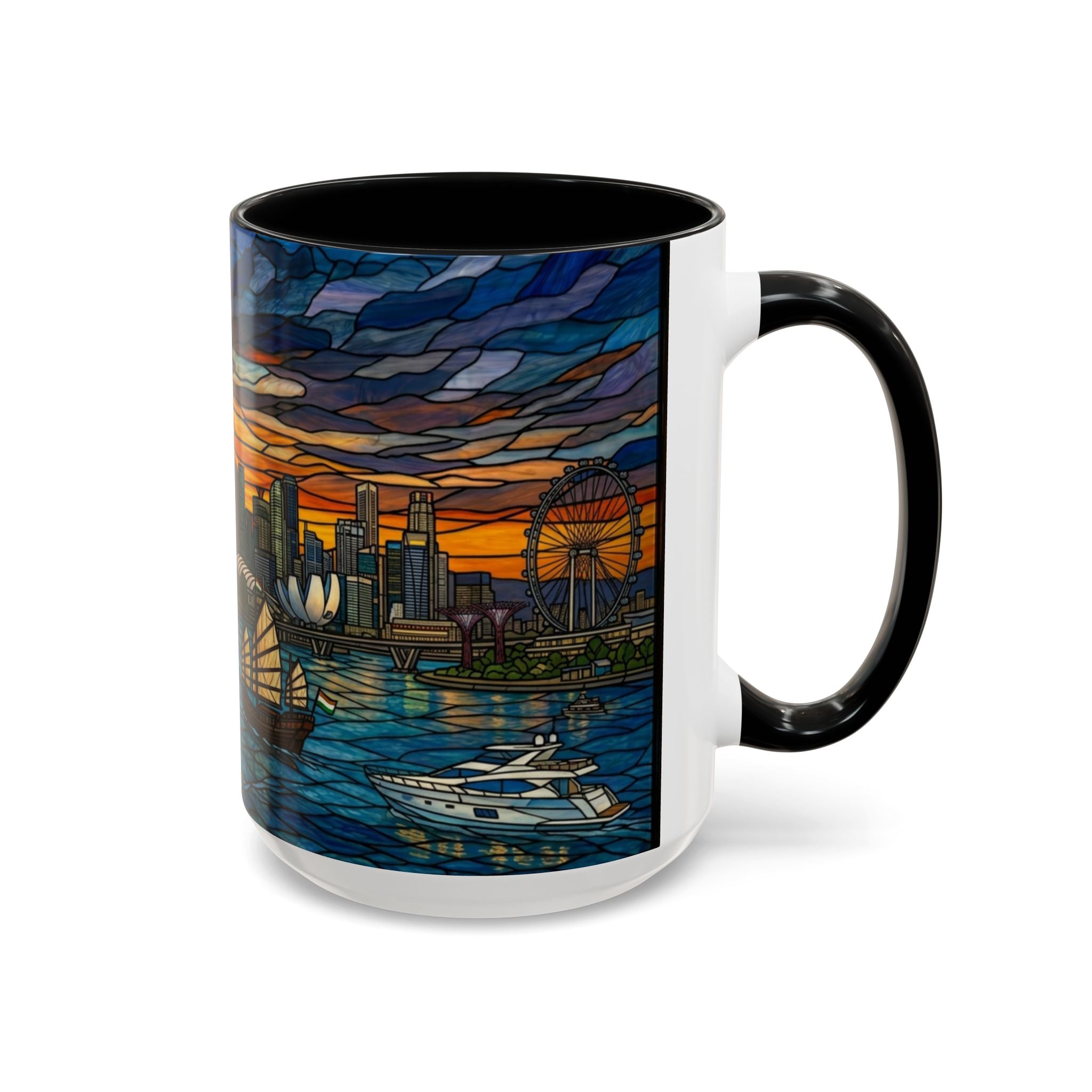 Singapore Skyline Accent Coffee Mug — Stained Glass Marina Bay Sunset Design (11/15oz)