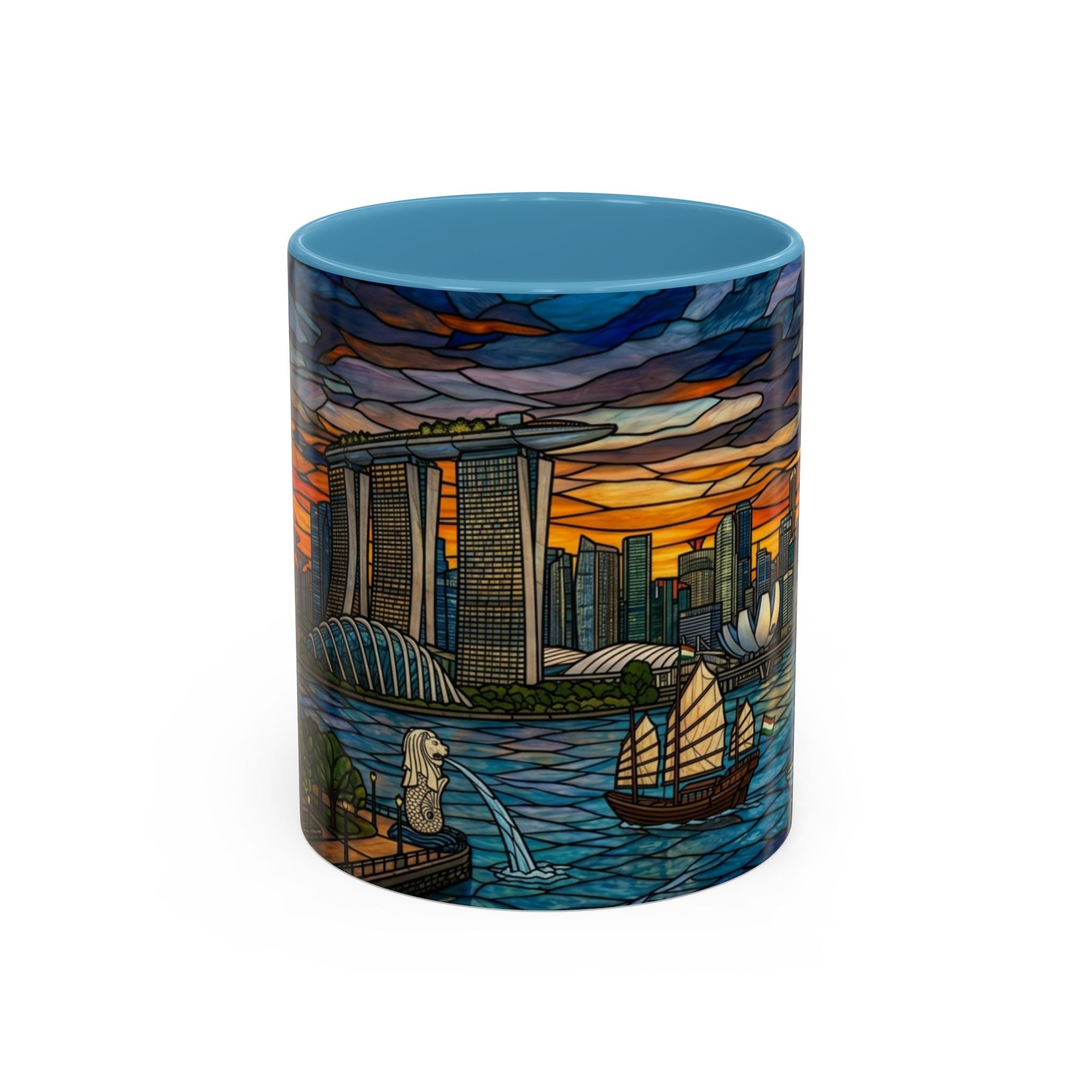 Singapore Skyline Accent Coffee Mug — Stained Glass Marina Bay Sunset Design (11/15oz)