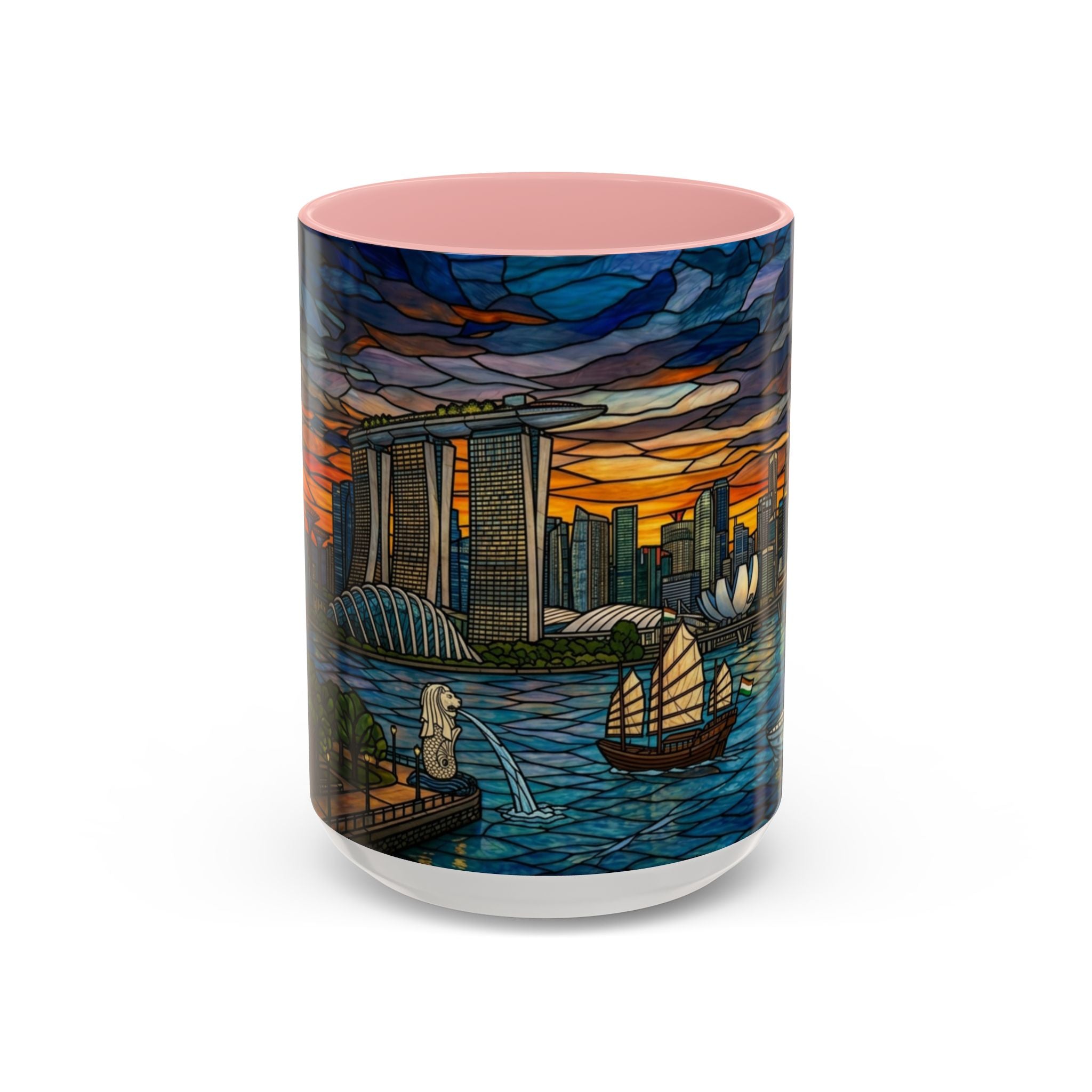 Singapore Skyline Accent Coffee Mug — Stained Glass Marina Bay Sunset Design (11/15oz)