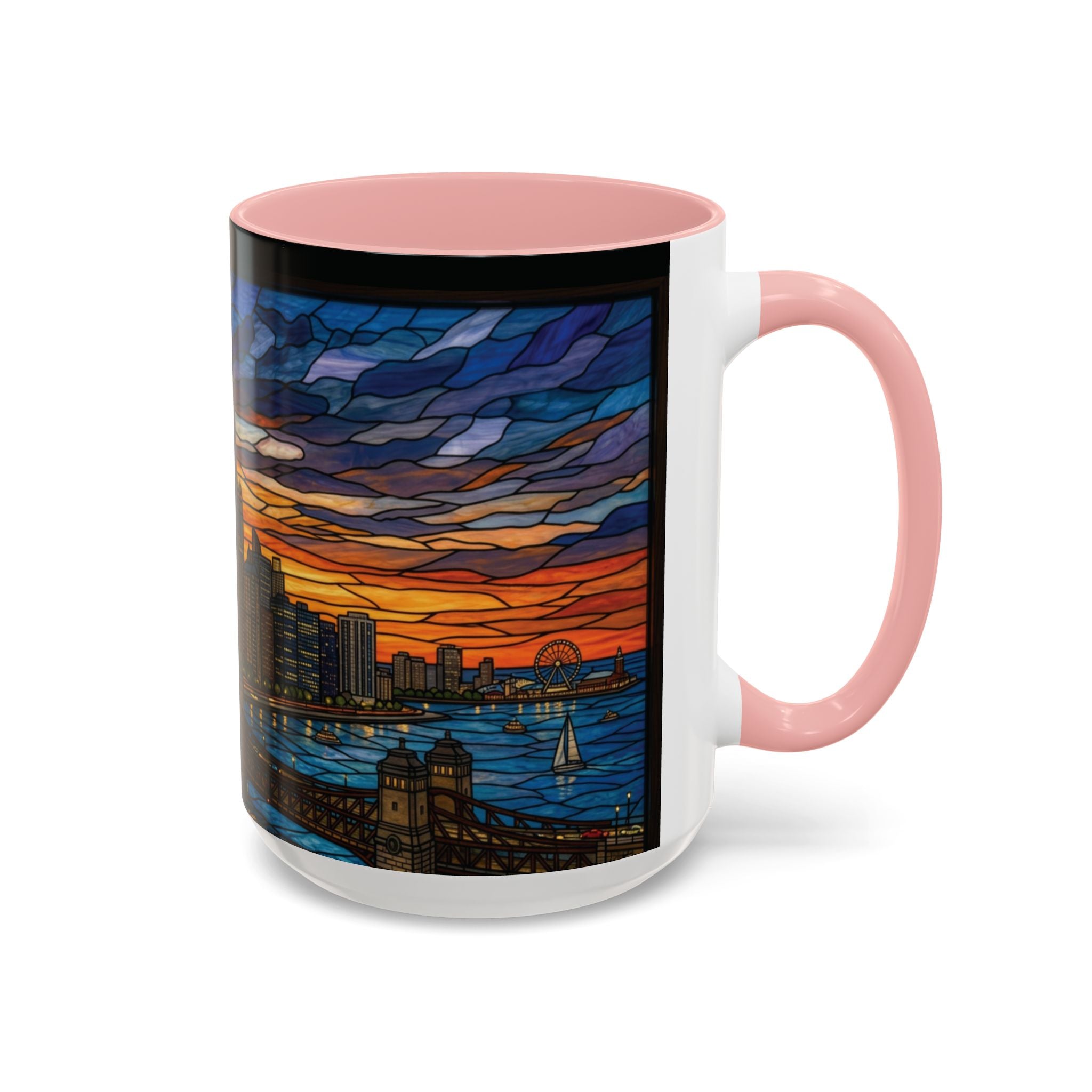 Chicago Skyline Accent Coffee Mug — Stained Glass Sunset Cityscape (11/15oz)