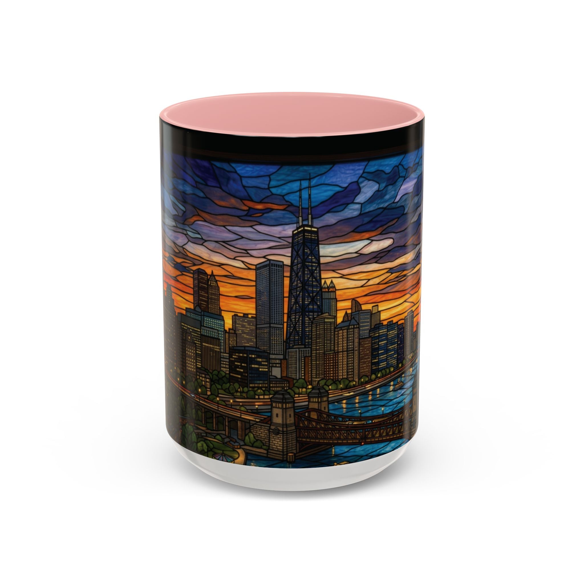 Chicago Skyline Accent Coffee Mug — Stained Glass Sunset Cityscape (11/15oz)