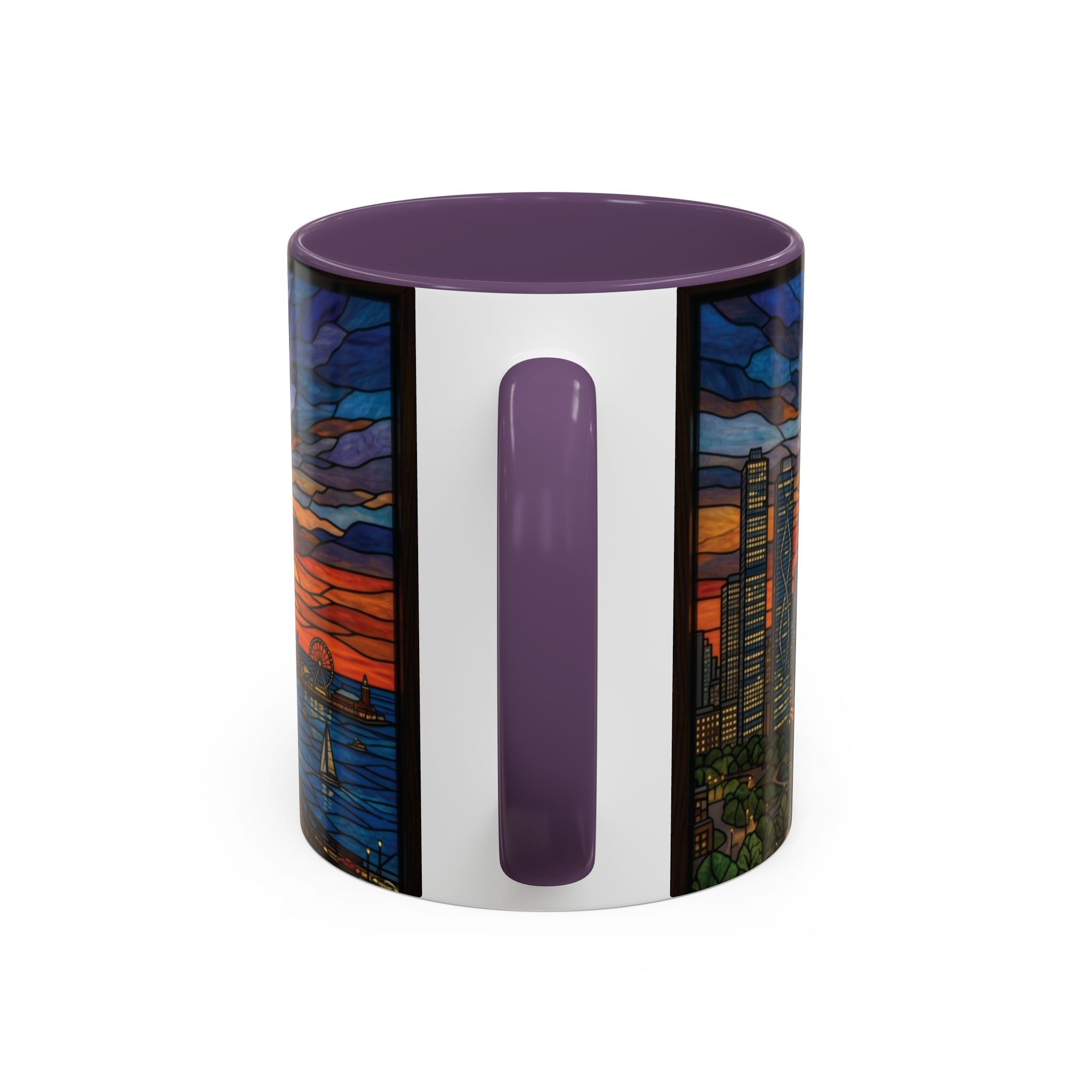 Chicago Skyline Accent Coffee Mug — Stained Glass Sunset Cityscape (11/15oz)
