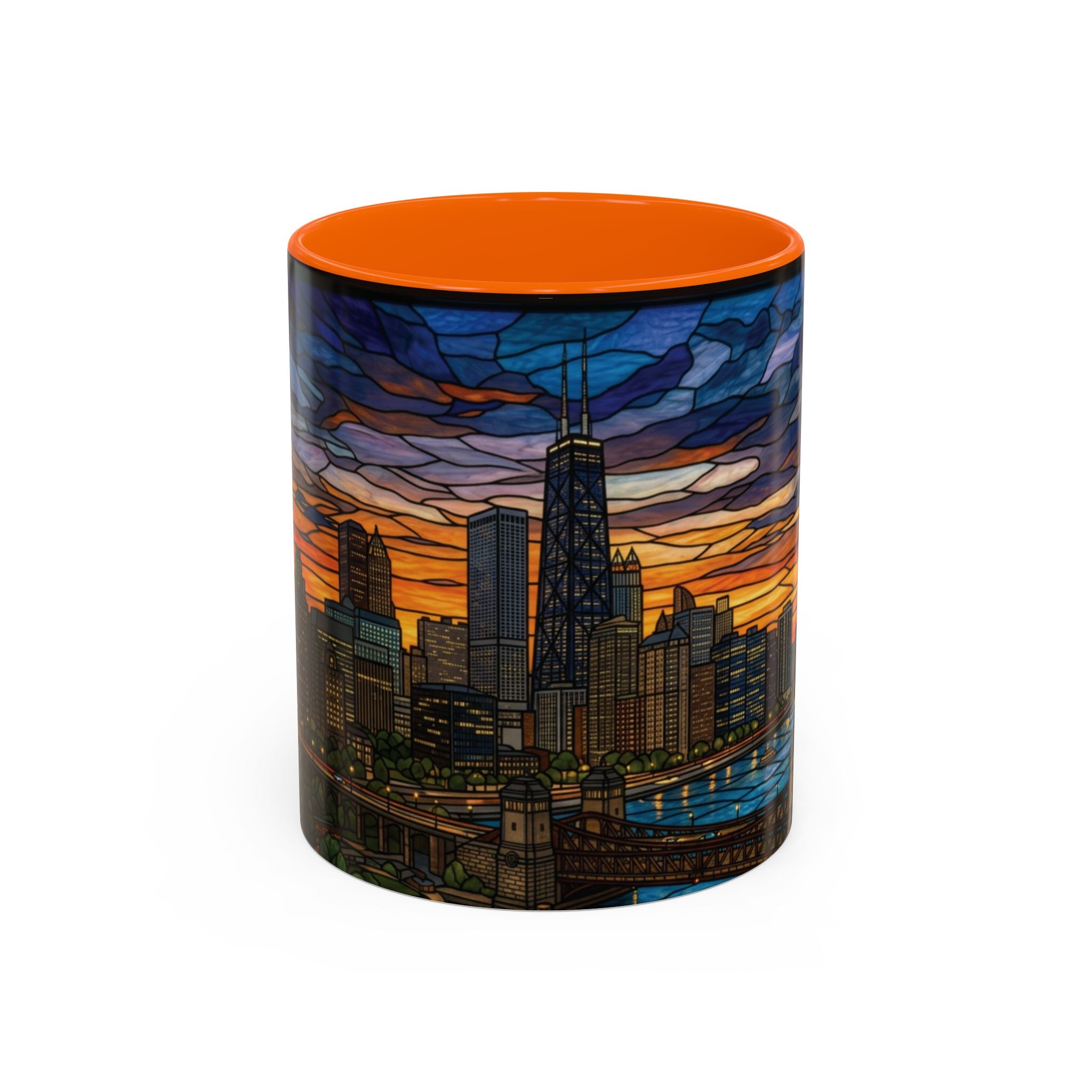Chicago Skyline Accent Coffee Mug — Stained Glass Sunset Cityscape (11/15oz)