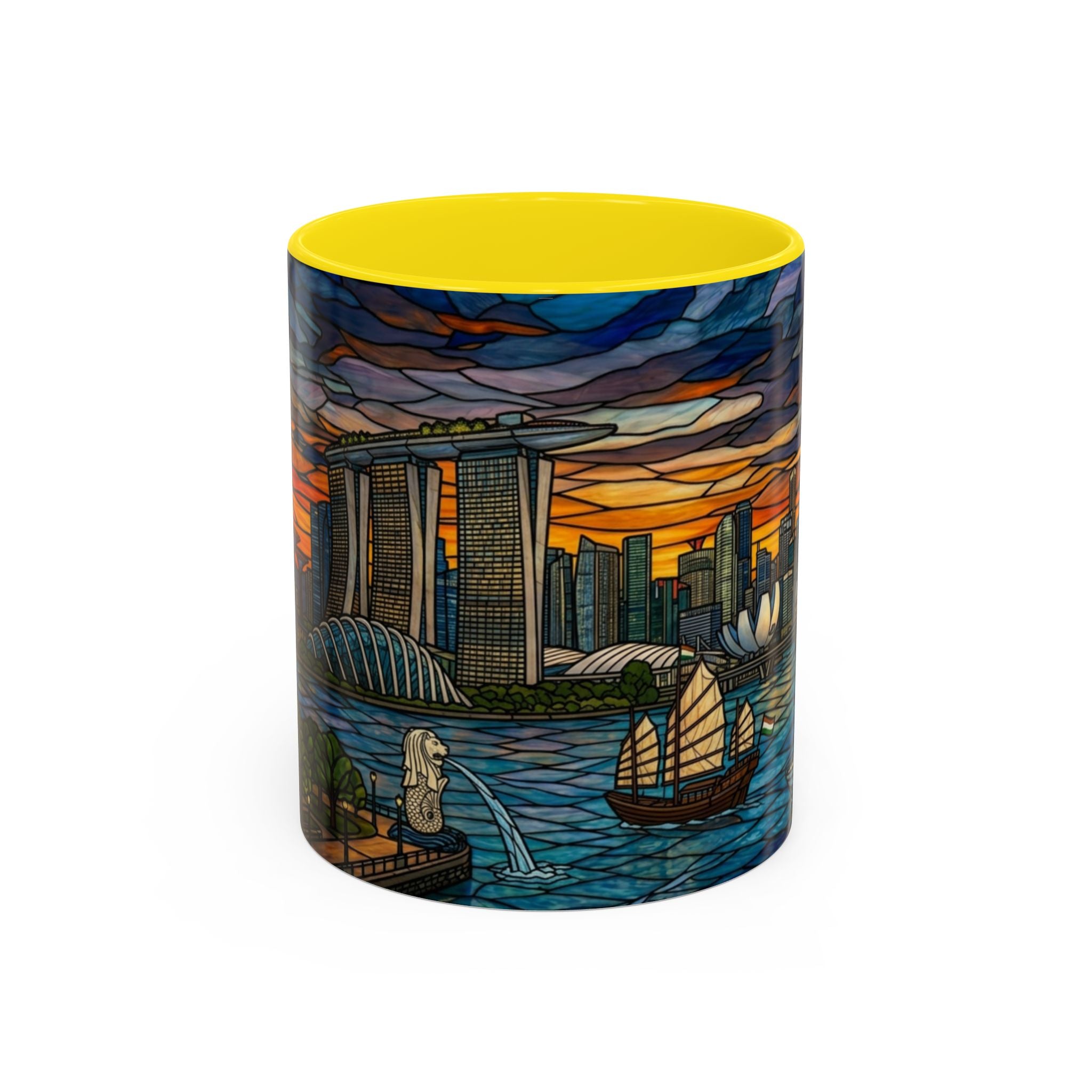 Singapore Skyline Accent Coffee Mug — Stained Glass Marina Bay Sunset Design (11/15oz)