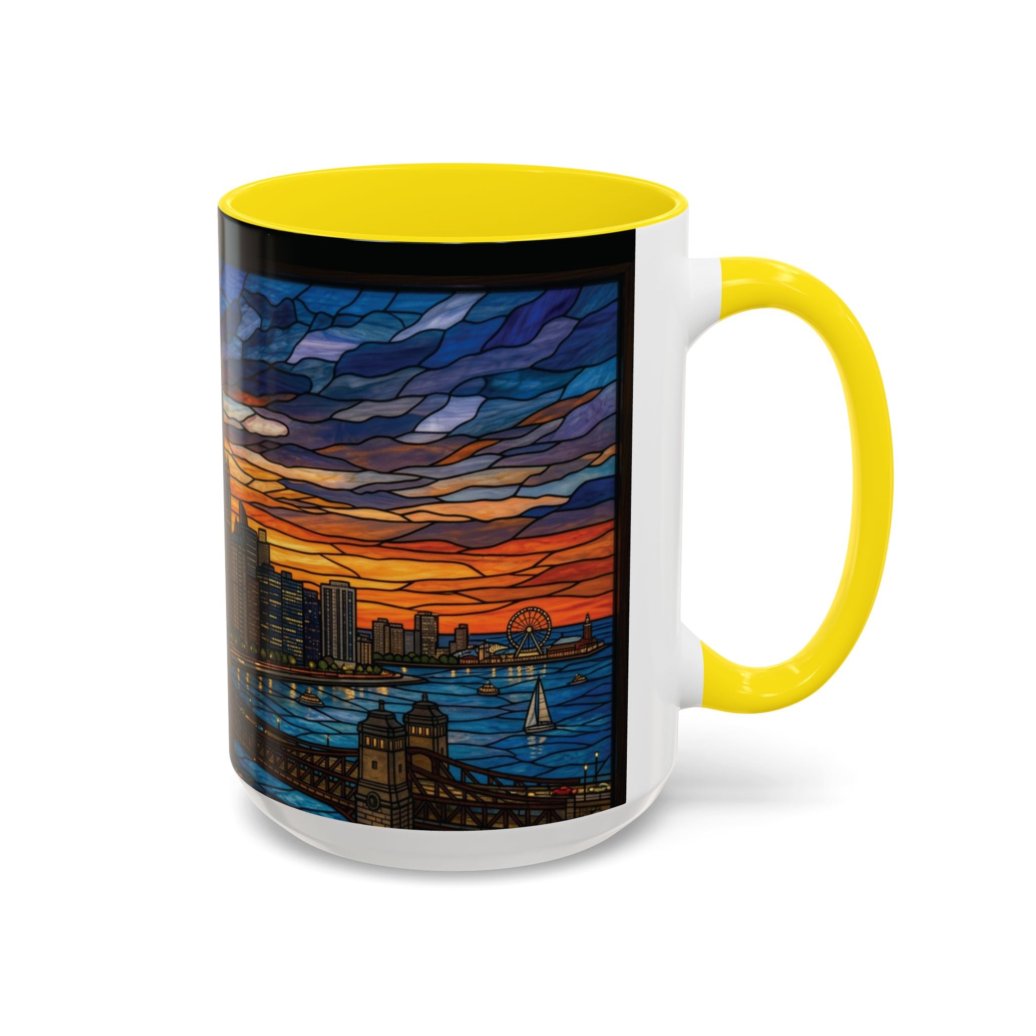 Chicago Skyline Accent Coffee Mug — Stained Glass Sunset Cityscape (11/15oz)