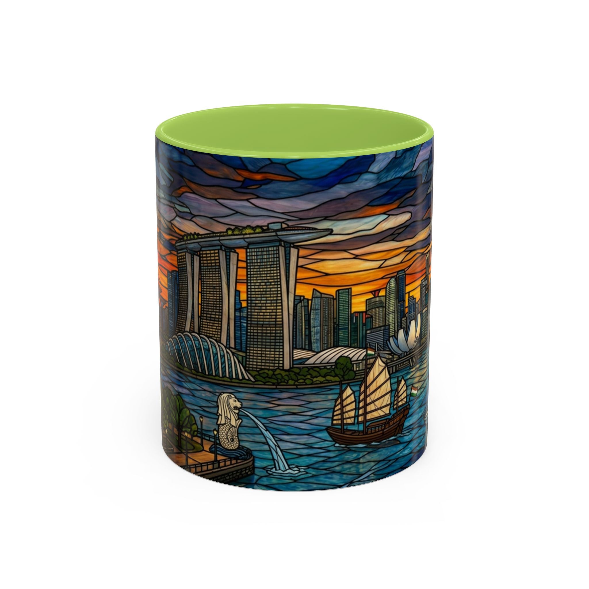 Singapore Skyline Accent Coffee Mug — Stained Glass Marina Bay Sunset Design (11/15oz)