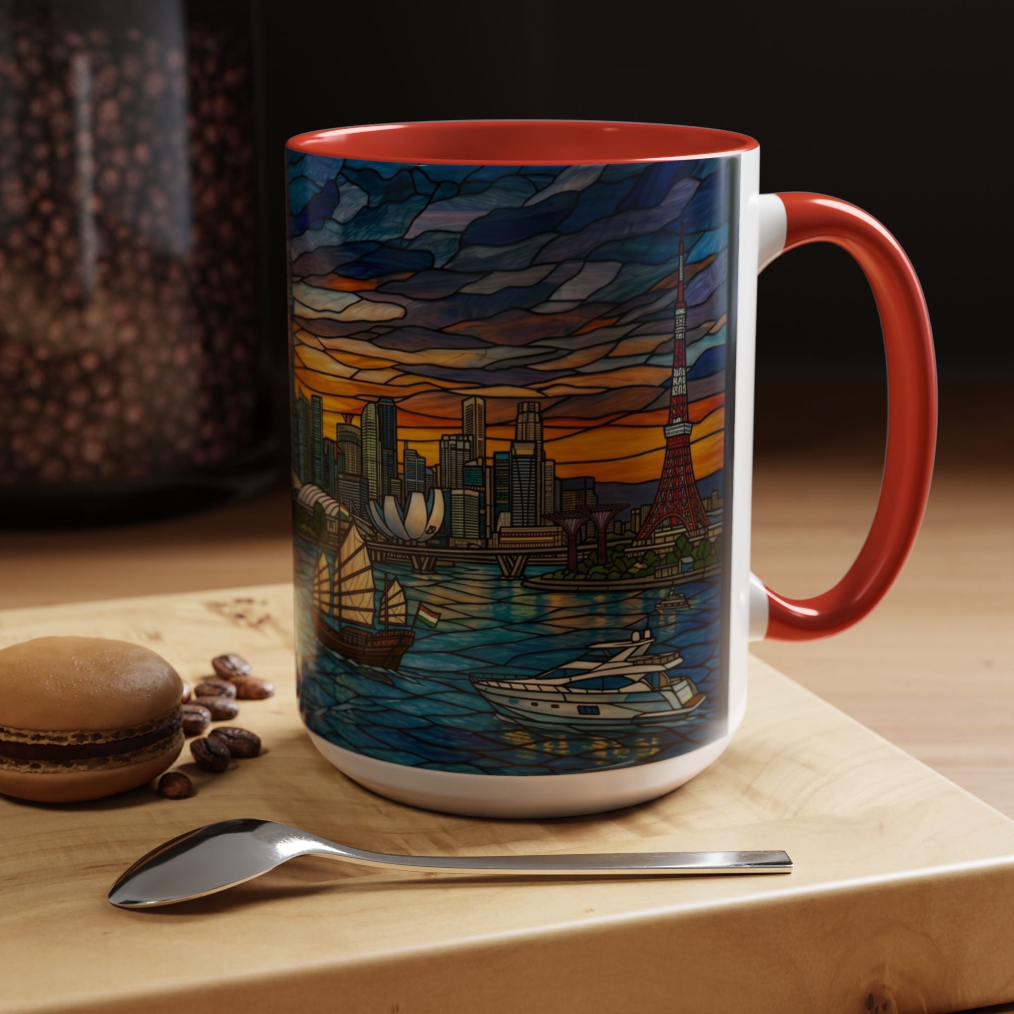 Tokyo City Sky Line Stained Glass Accent Coffee Mug – Sunset Harbor Skyline (11/15oz)