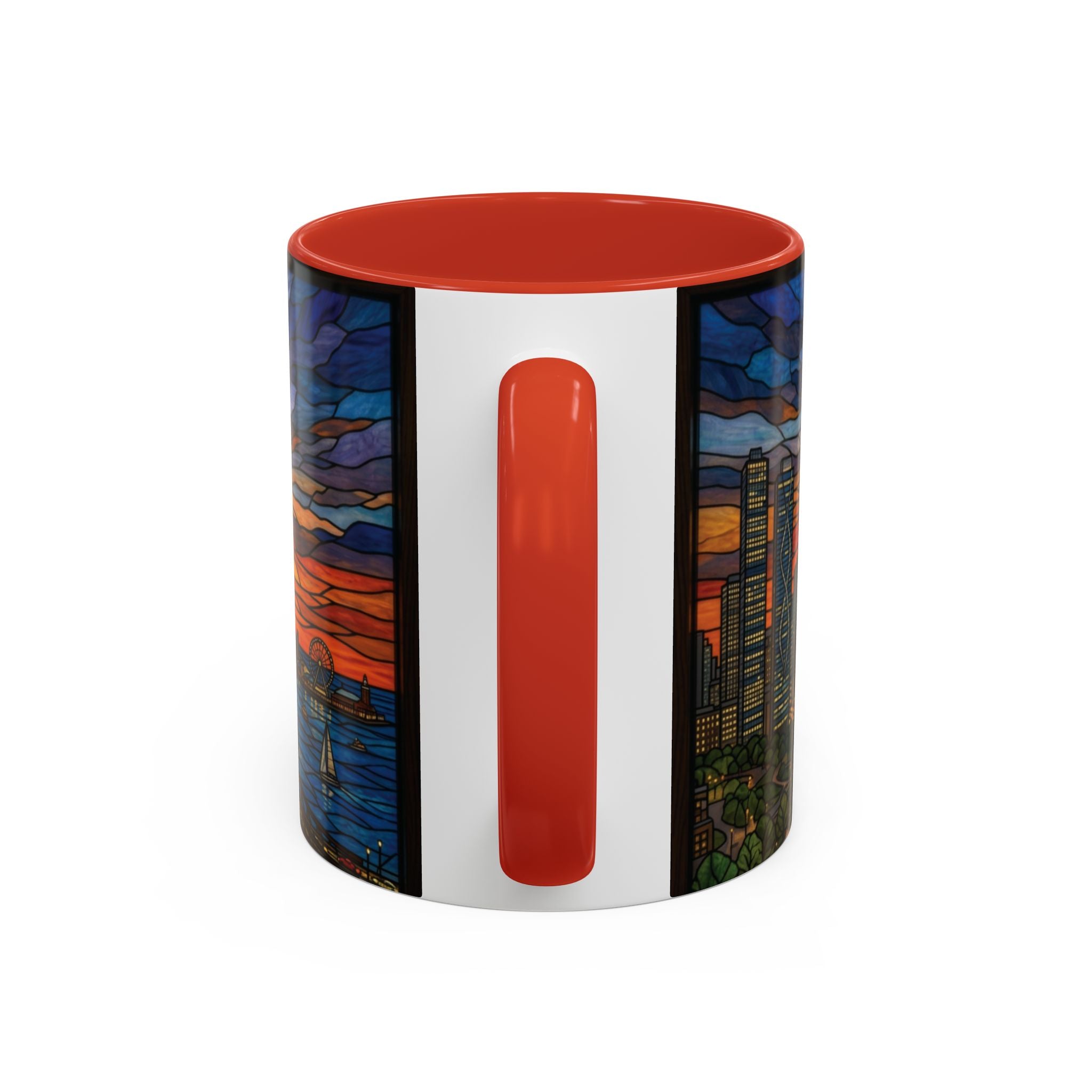 Chicago Skyline Accent Coffee Mug — Stained Glass Sunset Cityscape (11/15oz)