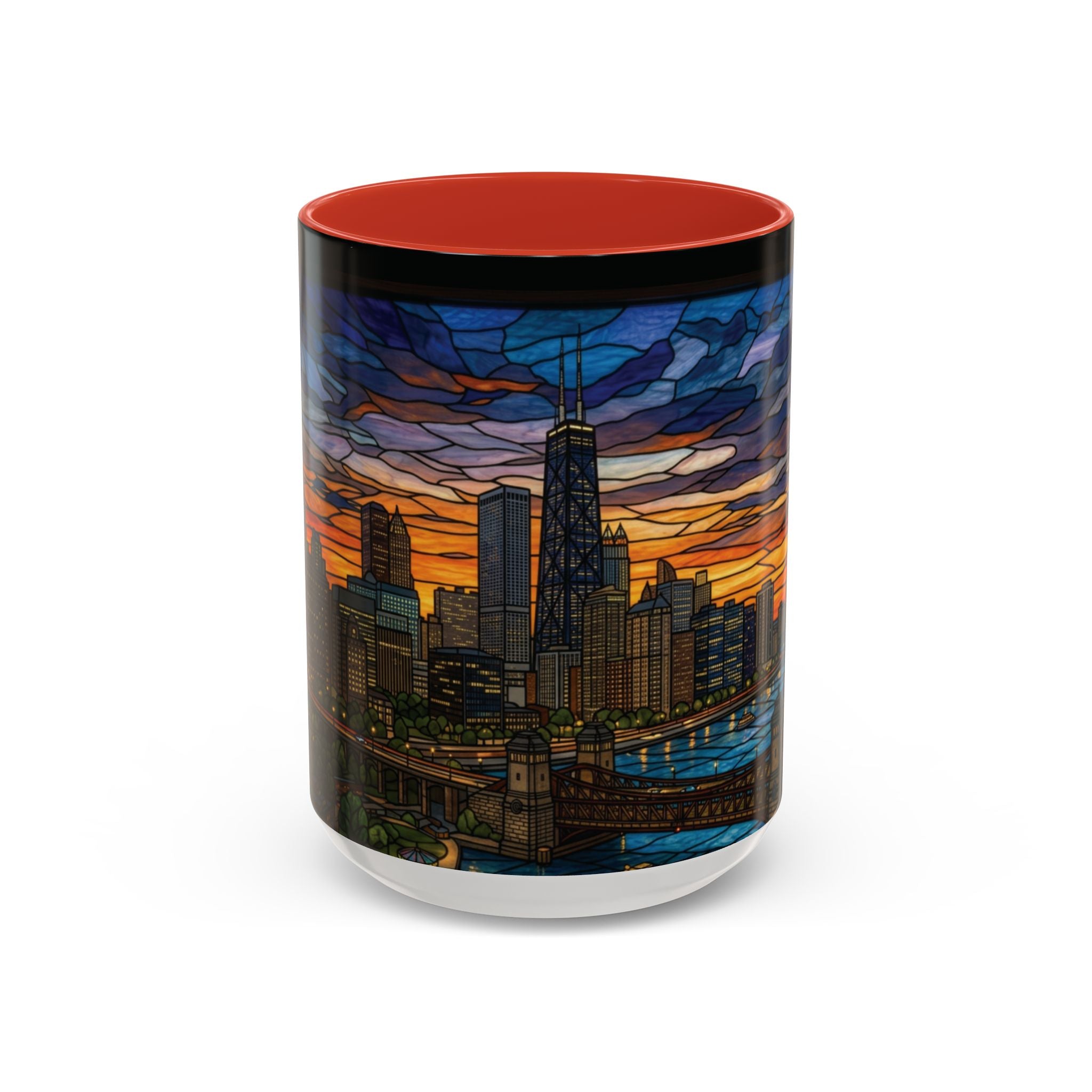 Chicago Skyline Accent Coffee Mug — Stained Glass Sunset Cityscape (11/15oz)